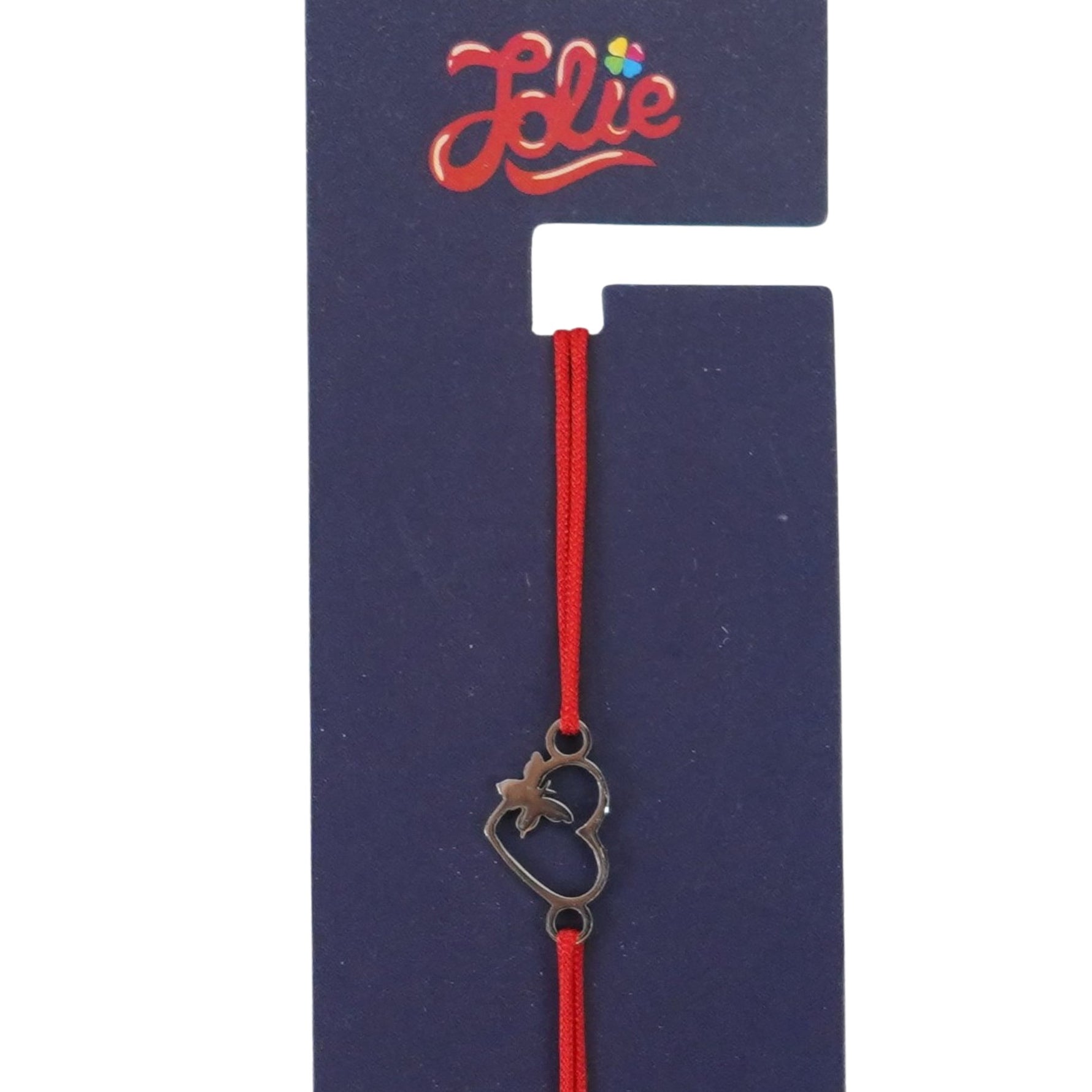 Martisor Bratara din Inox pentru Copii, Jolie, Textil si Inox, Snur Rosu, Model Inima Fluture, Argintiu