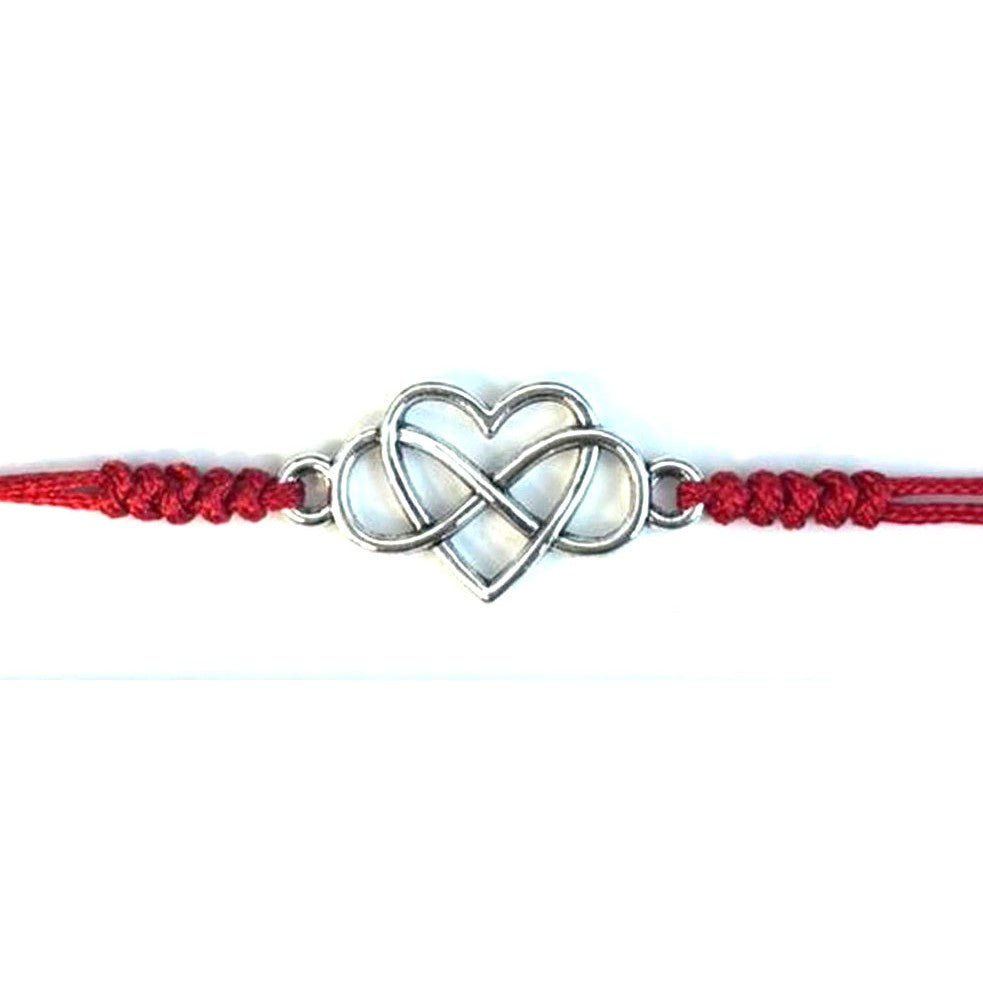 Martisor tip Bratara cu Pandantiv Metalic, Jolie, cu Snur Textil Rosu Impletit, Model Inima Infinit, Dimensiune