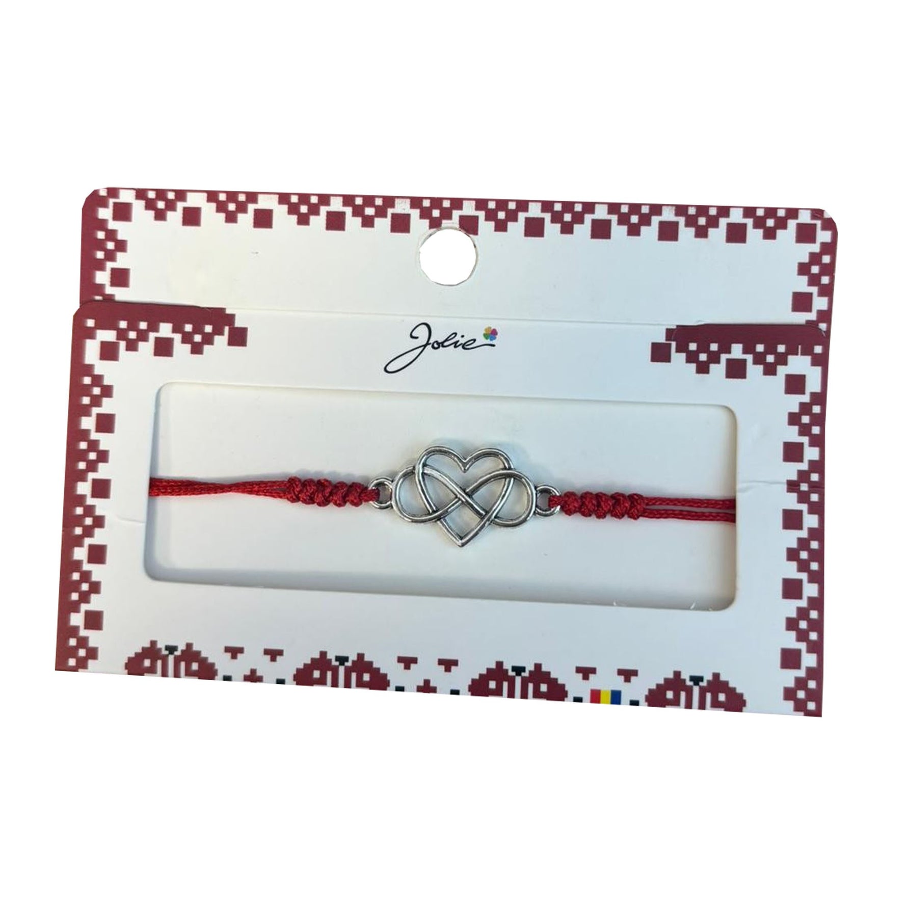 Martisor tip Bratara cu Pandantiv Metalic, Jolie, cu Snur Textil Rosu Impletit, Model Inima Infinit, Dimensiune