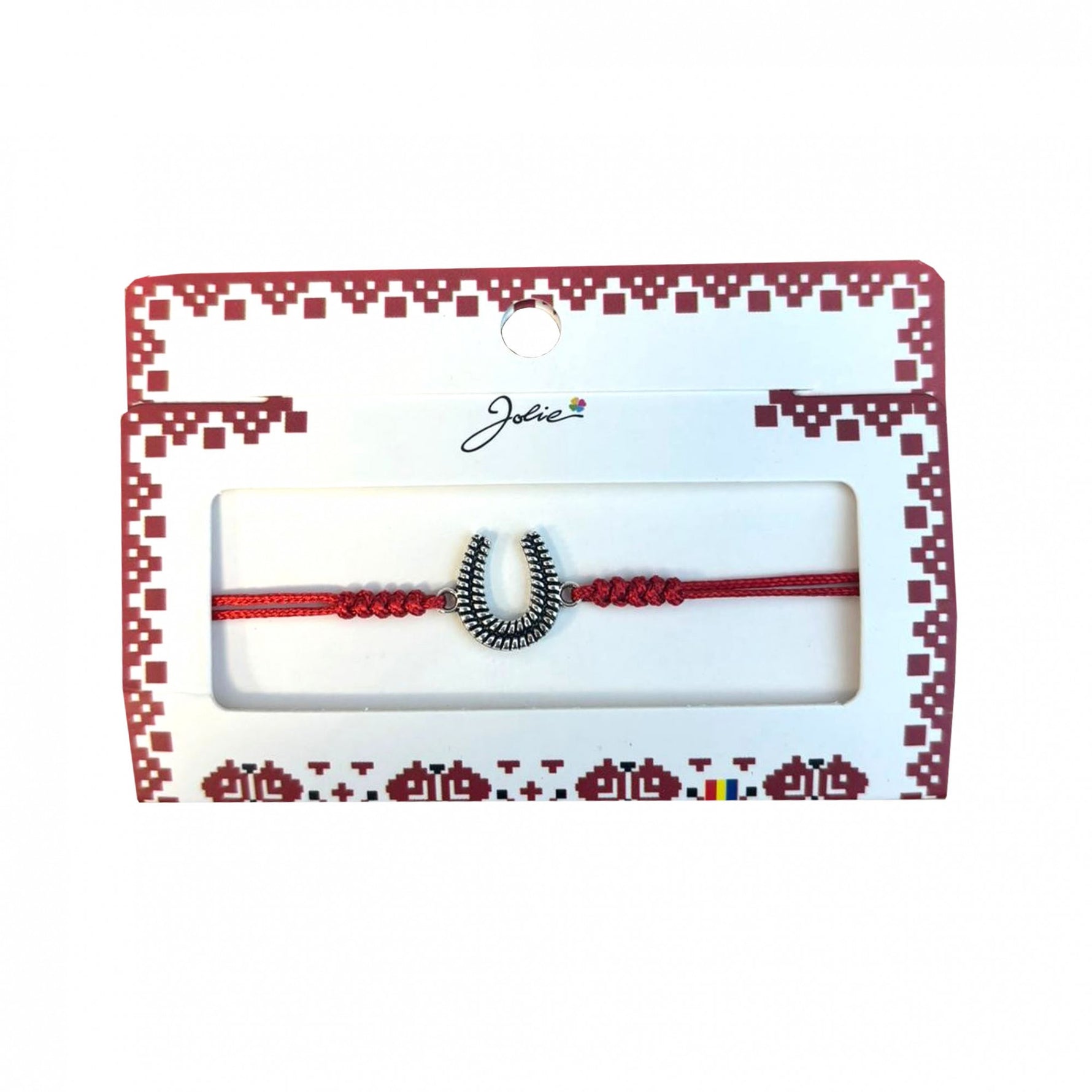 Martisor tip Bratara cu Pandantiv Metalic, Jolie, cu Snur Textil Rosu Impletit, Model Potcoava, Dimensiune Reglabila,