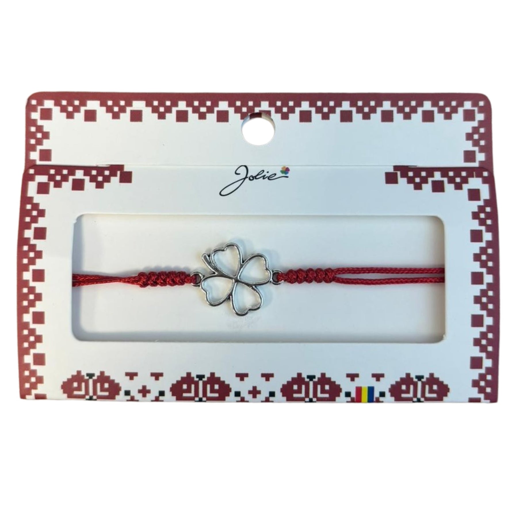 Martisor tip Bratara cu Pandantiv Metalic, Jolie, cu Snur Textil Rosu Impletit, Model Trifoi cu Patru Foi, Dimensiune