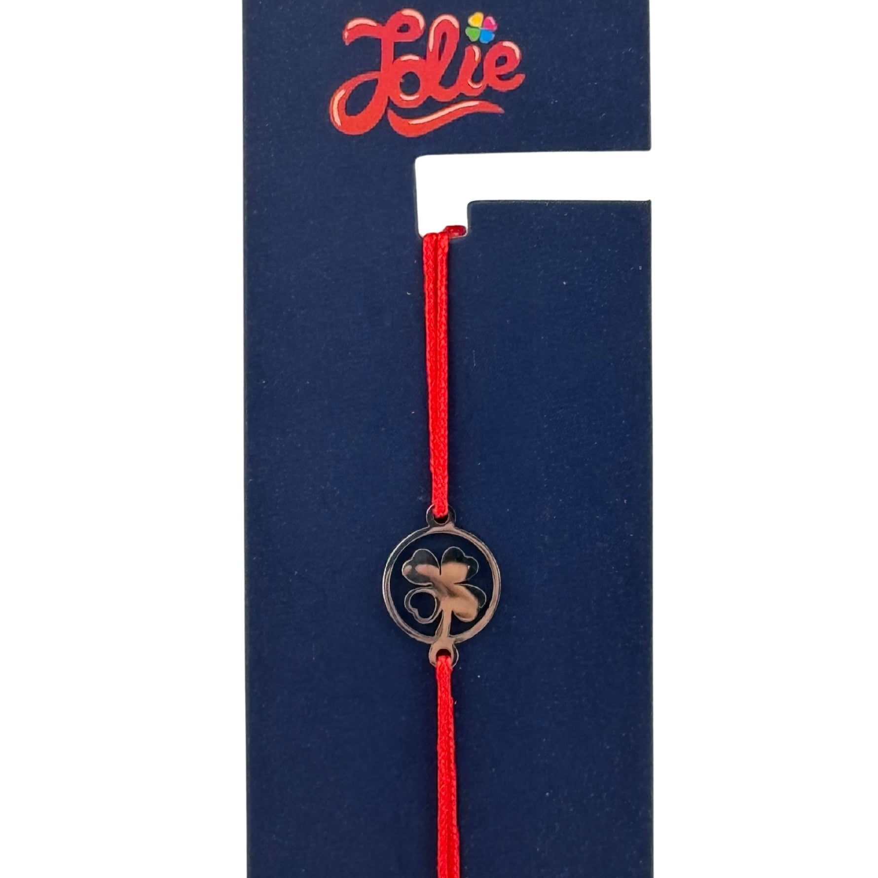 Martisor Bratara din Inox pentru Copii, Jolie, Textil si Inox, Snur Rosu, Model Trifoi Norocos, Argintiu