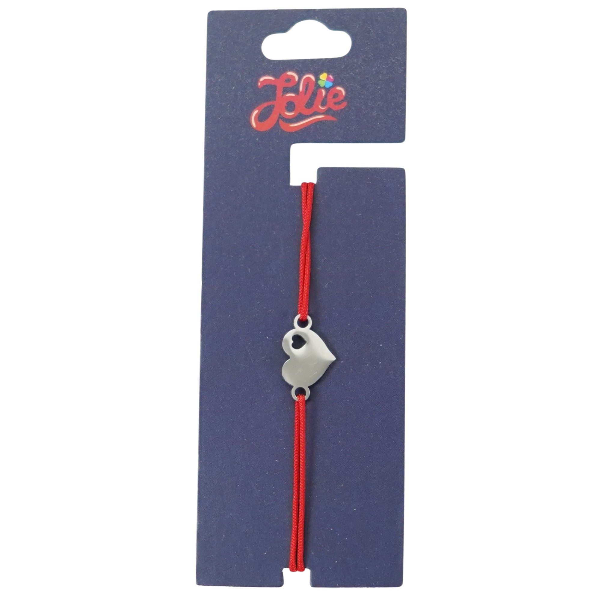 Martisor Bratara din Inox pentru Copii, Jolie, Textil si Inox, Snur Rosu, Model Inimioare, Argintiu