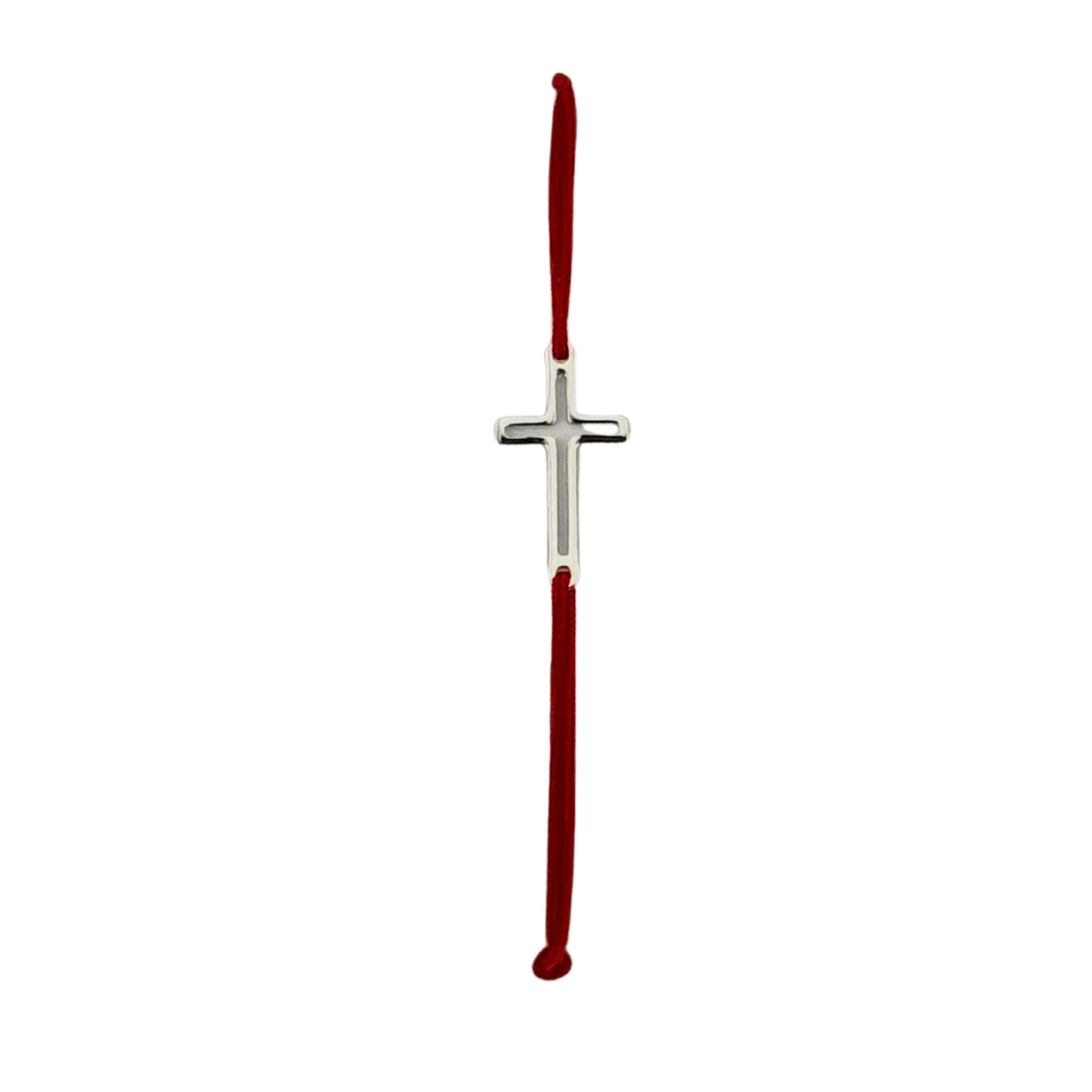 Martisor Bratara, Jolie, Argint 925, Model Cruce, Snur Rosu Reglabil, Fara Pietre, Argintiu