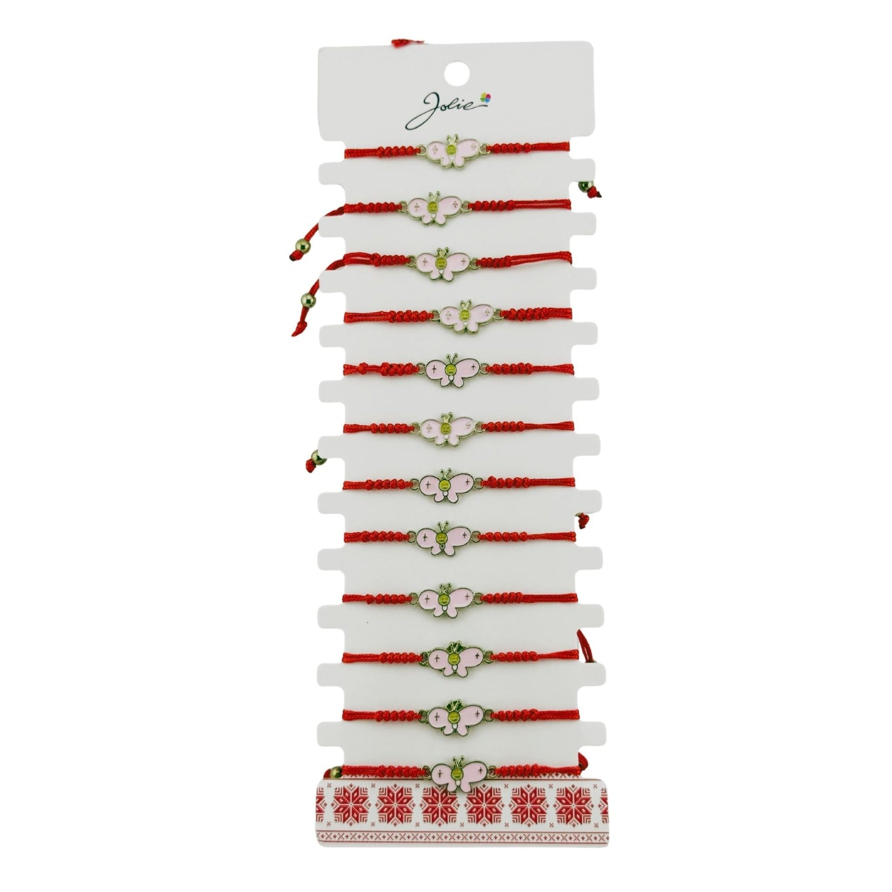 Martisor Bratara pentru Dama si Copii, Jolie, Model Fluture Vesel, Set 12 bucati, Pandantiv Emailat Roz, Snur Reglabil,