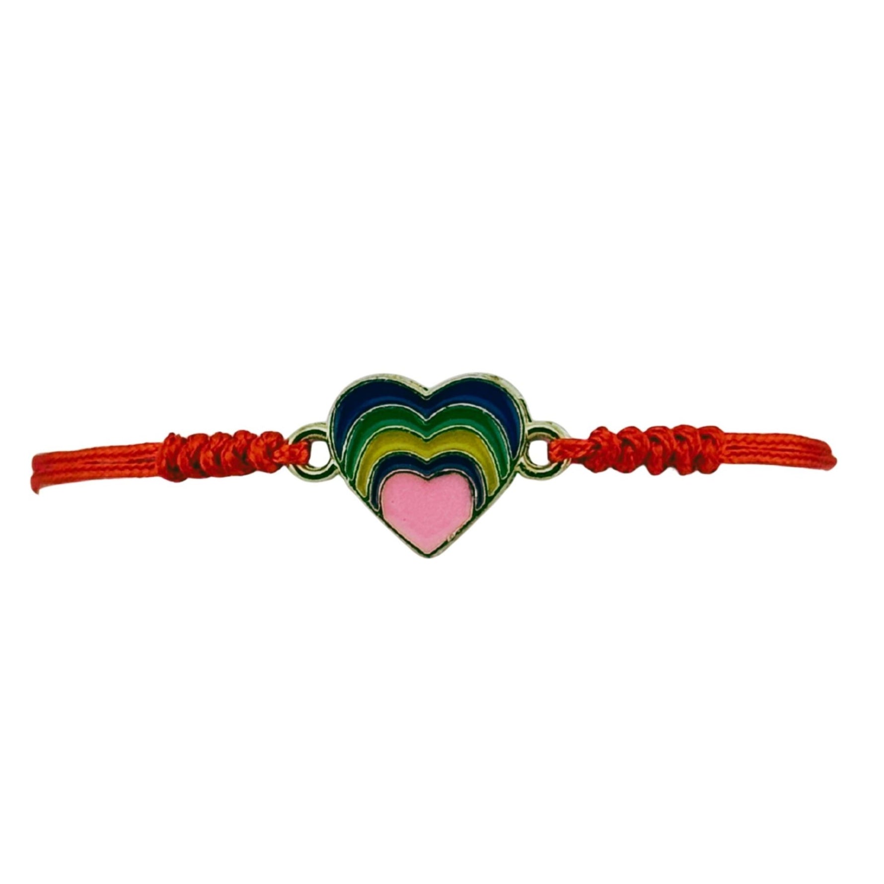 Martisor Bratara pentru Dama si Copii, Jolie, Model Inima Curcubeu Multicolora, Set 12 bucati, Pandantiv Emailat, Snur