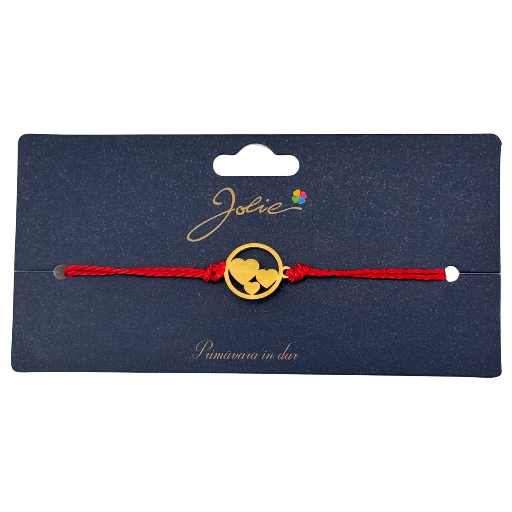 Martisor Bratara Primavara, Textil si Inox, Jolie, Snur Rosu, Model Trei Inimi, Auriu
