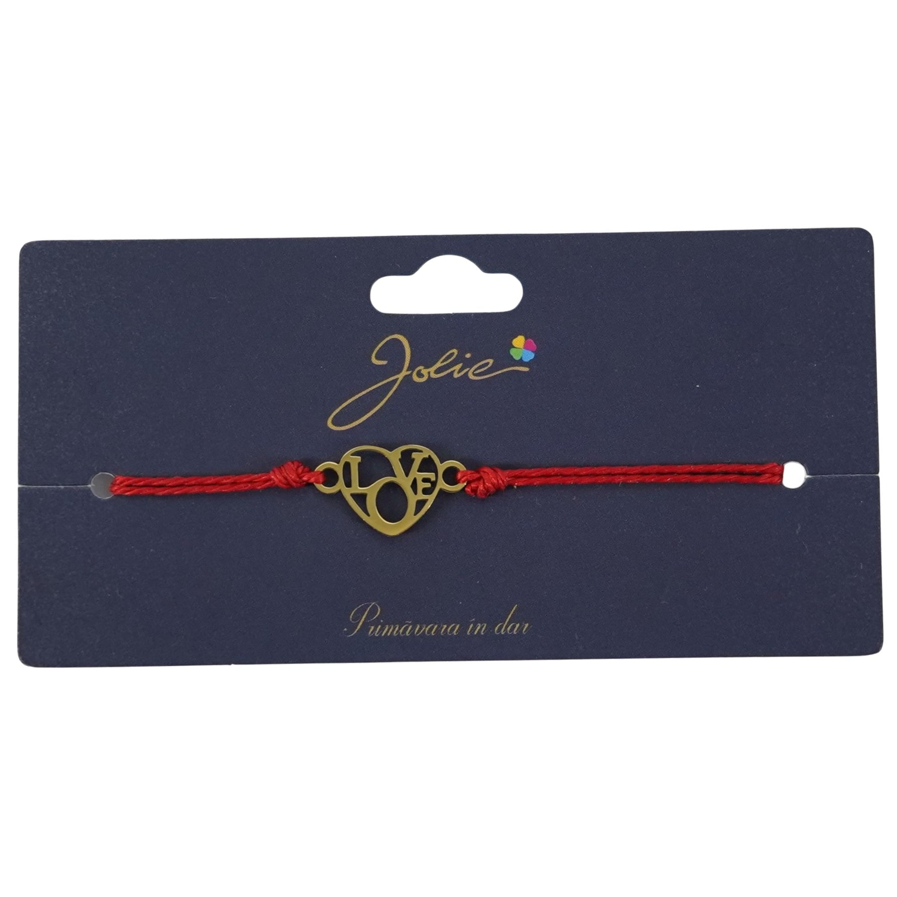 Martisor Bratara Primavara, Textil si Inox, Jolie, Snur Rosu, Model Inima Love, Auriu