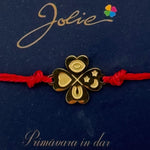 Martisor Bratara Primavara, Textil si Inox, Jolie, Snur Rosu, Model Trifoi cu Patru Foi, Auriu