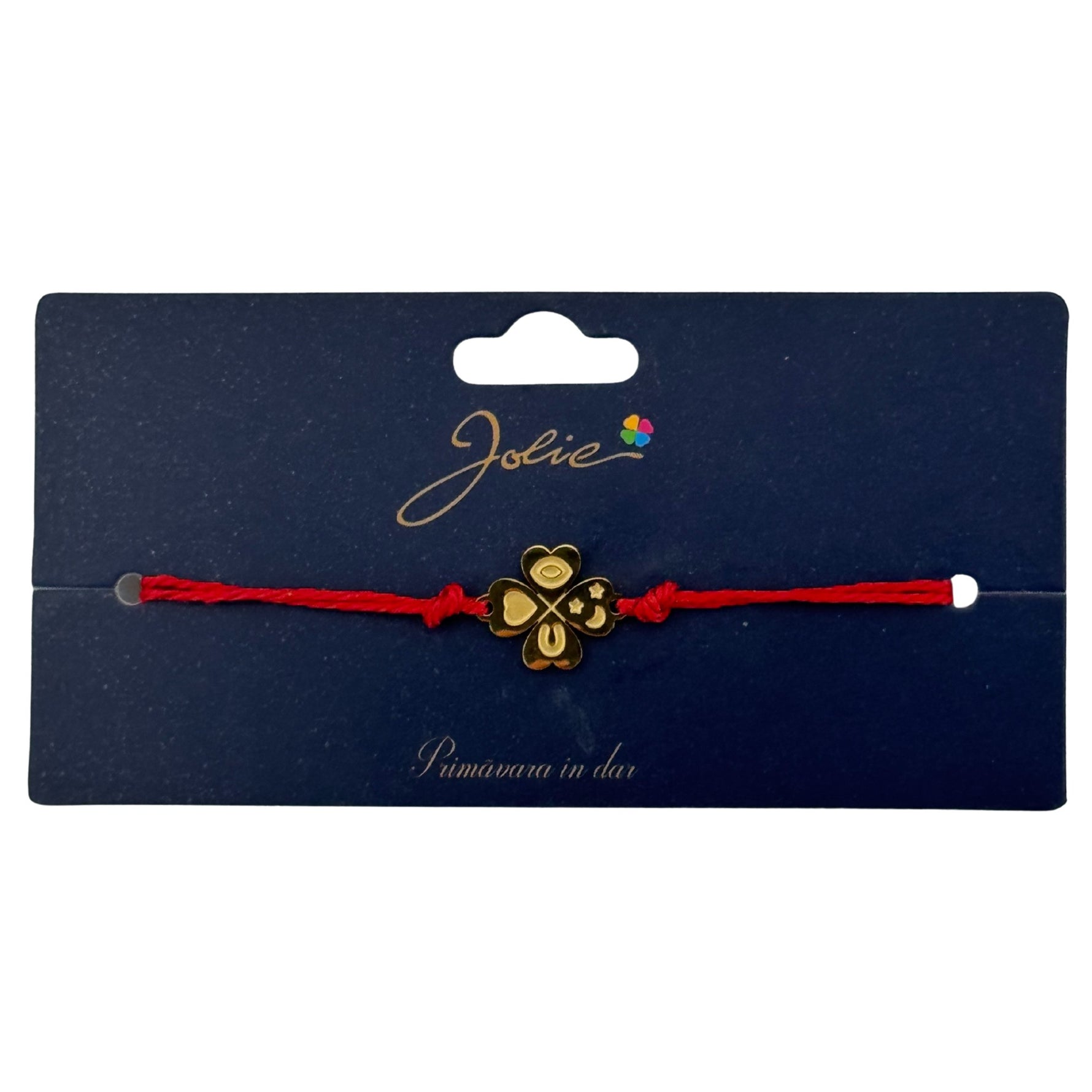 Martisor Bratara Primavara, Textil si Inox, Jolie, Snur Rosu, Model Trifoi cu Patru Foi, Auriu