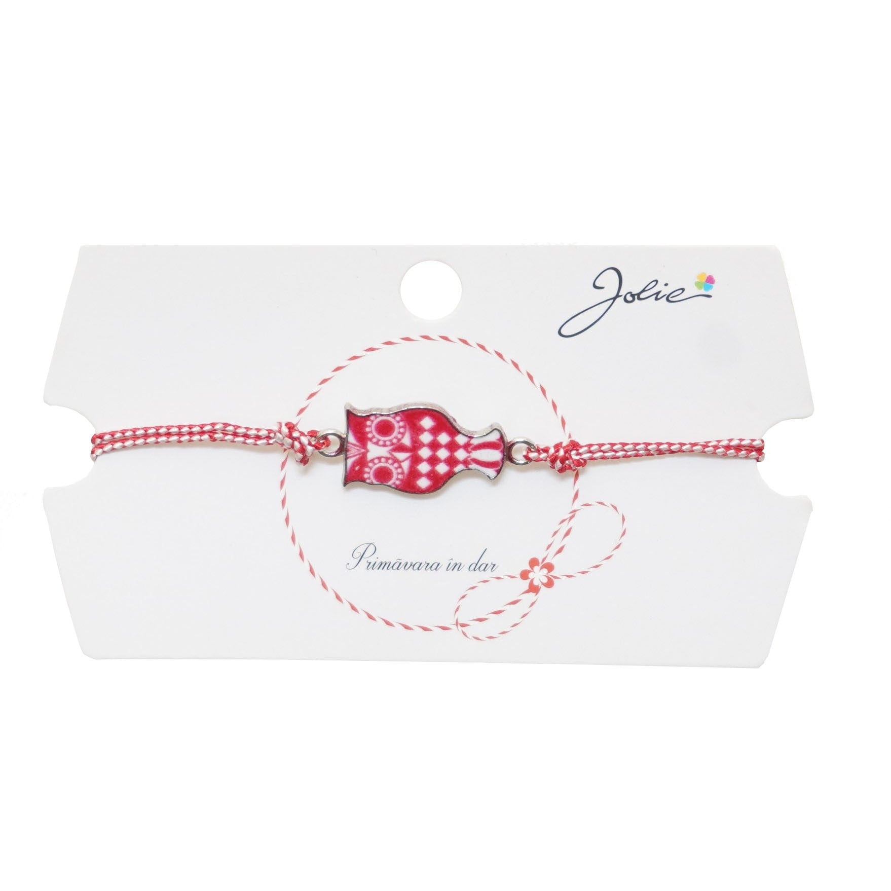 Martisor tip Bratara Traditionala cu Pandantiv, Jolie, Model Bufnita, Snur Impletit Alb/Rosu, Dimensiune Pandativ Aprox