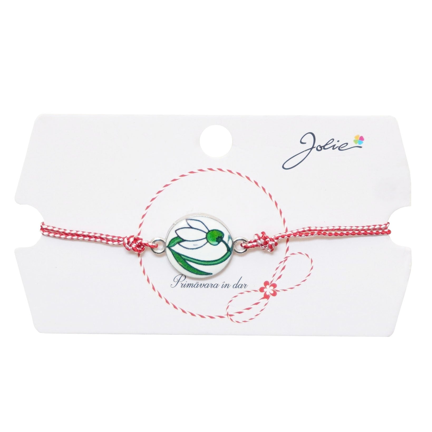 Martisor tip Bratara Traditionala cu Pandantiv, Jolie, Model Ghiocel, Snur Impletit Alb/Rosu, Dimensiune Pandativ Aprox