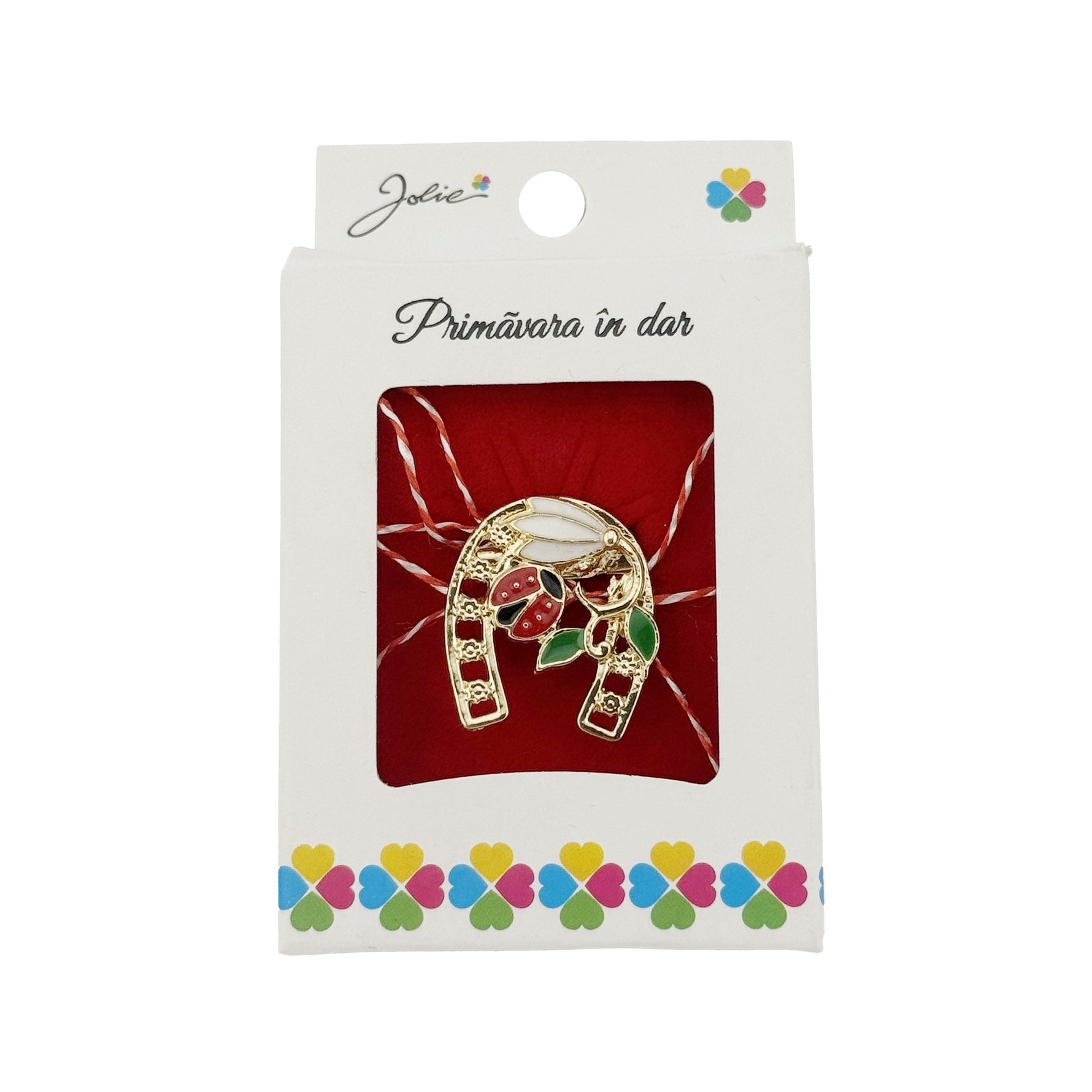 Martisor Brosa, Jolie, Model Potcoava cu Ghiocel si Buburuza, Metal Emailat in Culori, Sistem de Prindere cu Ac,