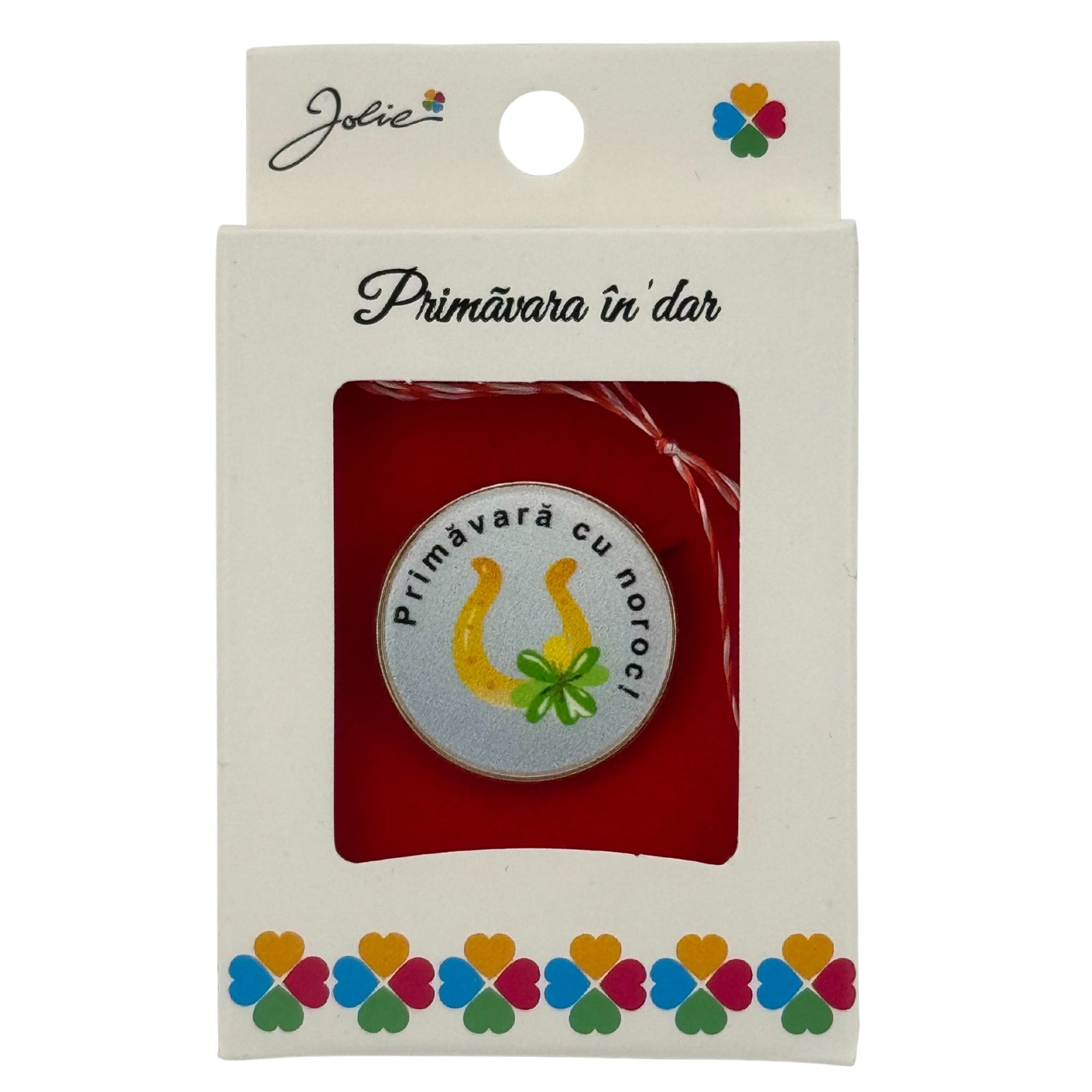 Martisor Brosa Mica in Cutie, Jolie, Design cu Mesaj, Dimensiune 2.5-3 cm, Material Metal, Model Rotund Potcoava