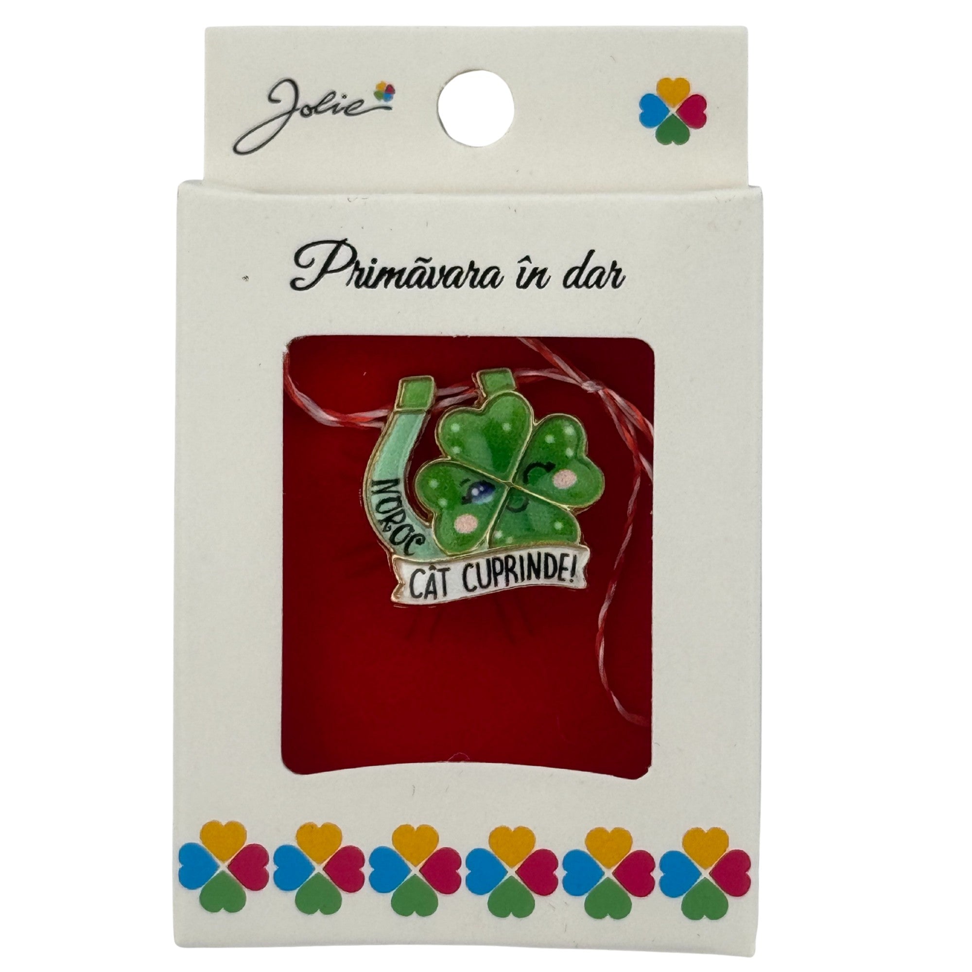 Martisor Brosa Mica in Cutie, Jolie, Design cu Mesaj, Dimensiune 2.5-3 cm, Material Metal, Model Trifoi cu Patru Foi