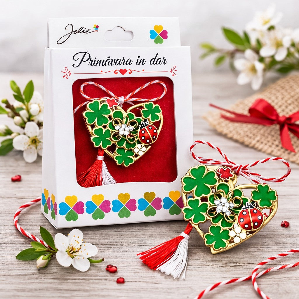 Martisor Brosa Mica in Cutie, Jolie, Dimensiune Brosa 2,5-3 cm, Material Metal, Model Inima Cu Trifoi, Multicolor