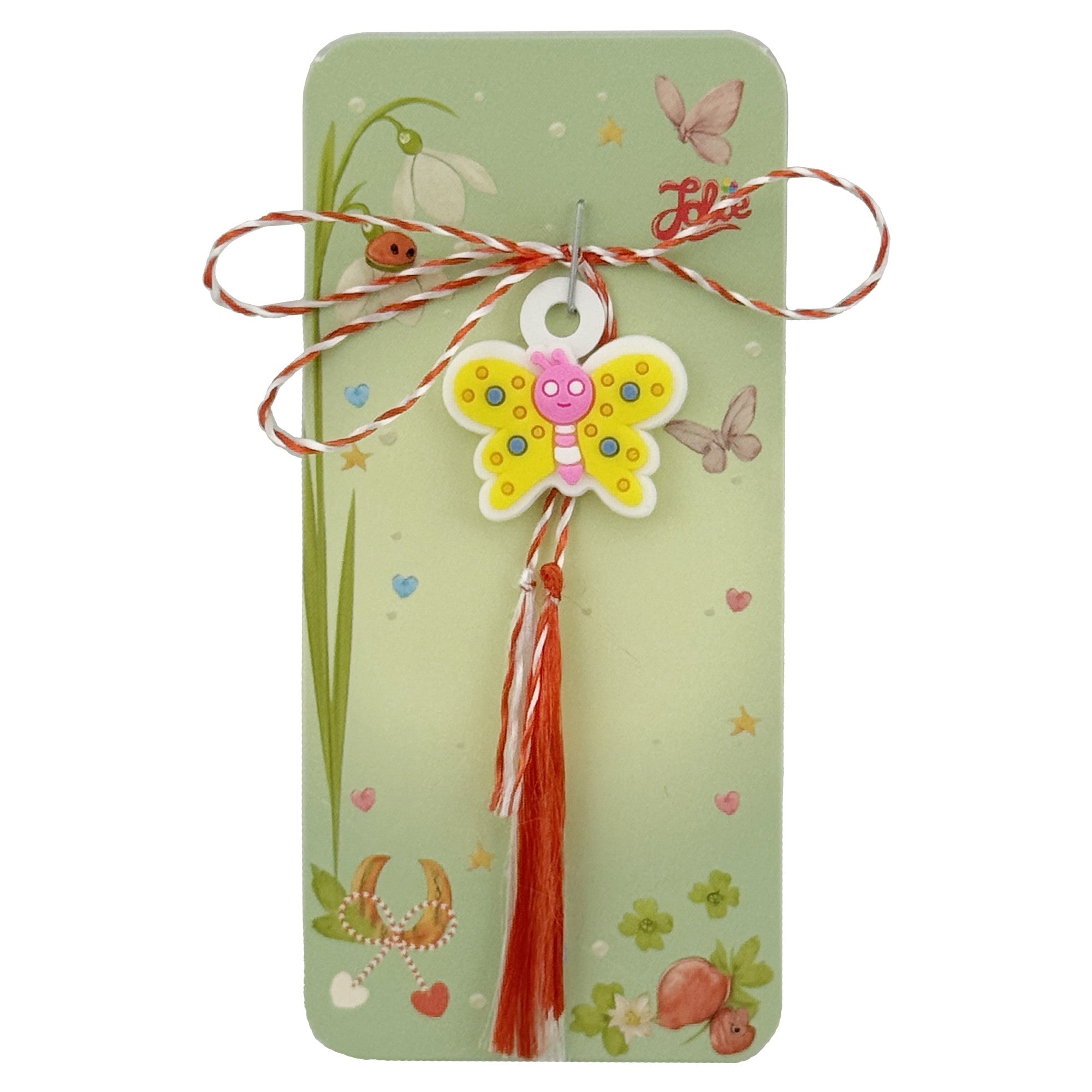 Martisor pentru Copii, Jolie, Model FLUTURE, din Cauciuc, cu Snur Impletit Alb/Rosu, Ambalaj Carton cu Design,
