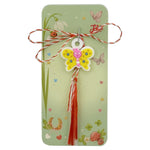 Martisor pentru Copii, Jolie, Model FLUTURE, din Cauciuc, cu Snur Impletit Alb/Rosu, Ambalaj Carton cu Design,