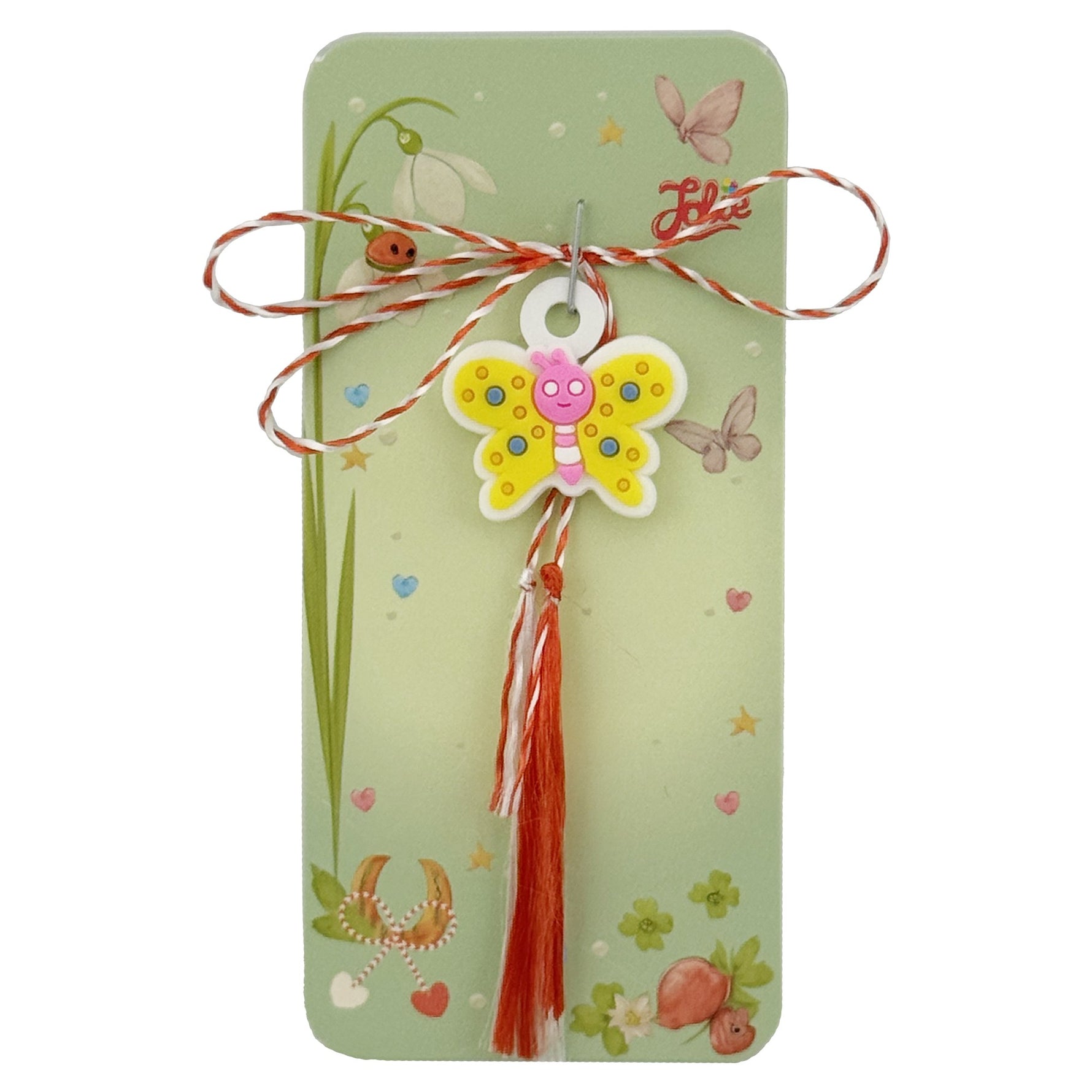 Martisor pentru Copii, Jolie, Model FLUTURE, din Cauciuc, cu Snur Impletit Alb/Rosu, Ambalaj Carton cu Design,