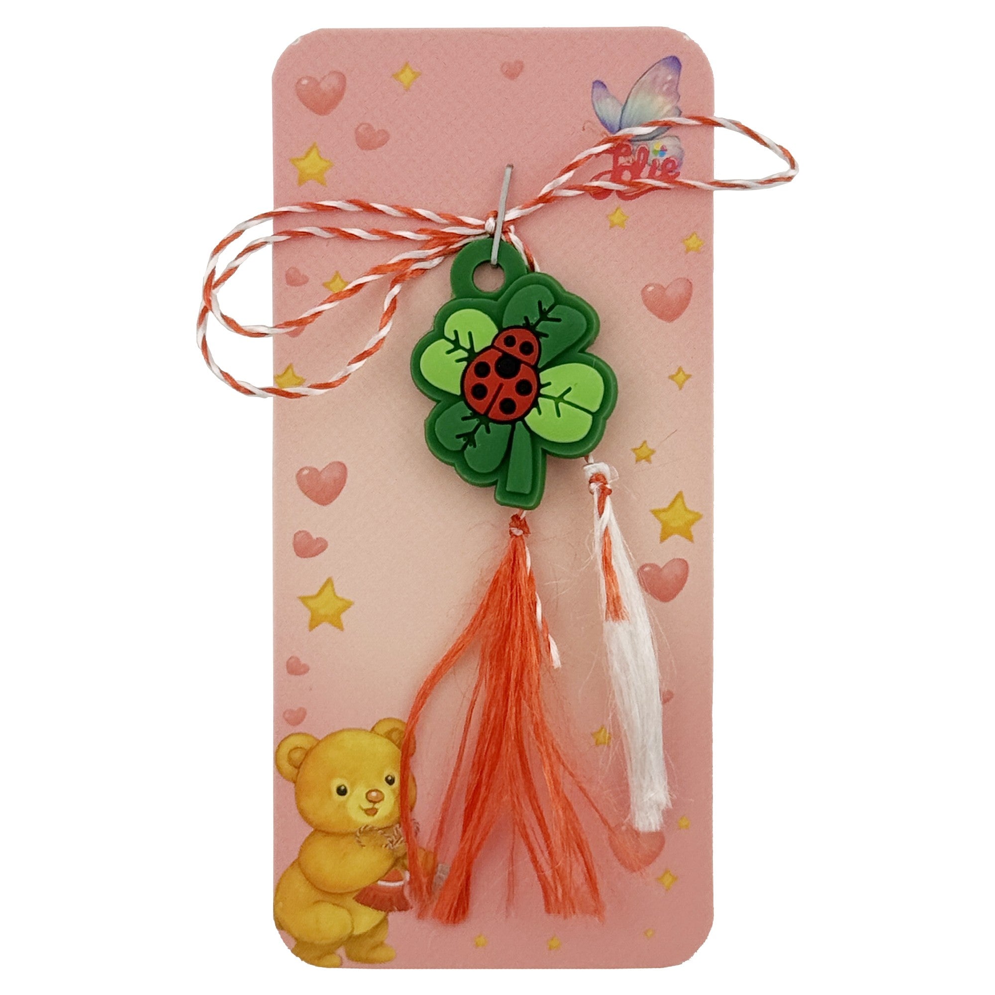 Martisor pentru Copii, Jolie, Model TRIFOI cu BUBURUZA, din Cauciuc, cu Snur Impletit Alb/Rosu, Ambalaj Carton cu
