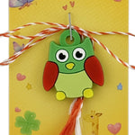 Martisor pentru Copii, Jolie, Model Bufnita, din Cauciuc, cu Snur Impletit Alb/Rosu, Ambalaj Carton cu Design, Verde