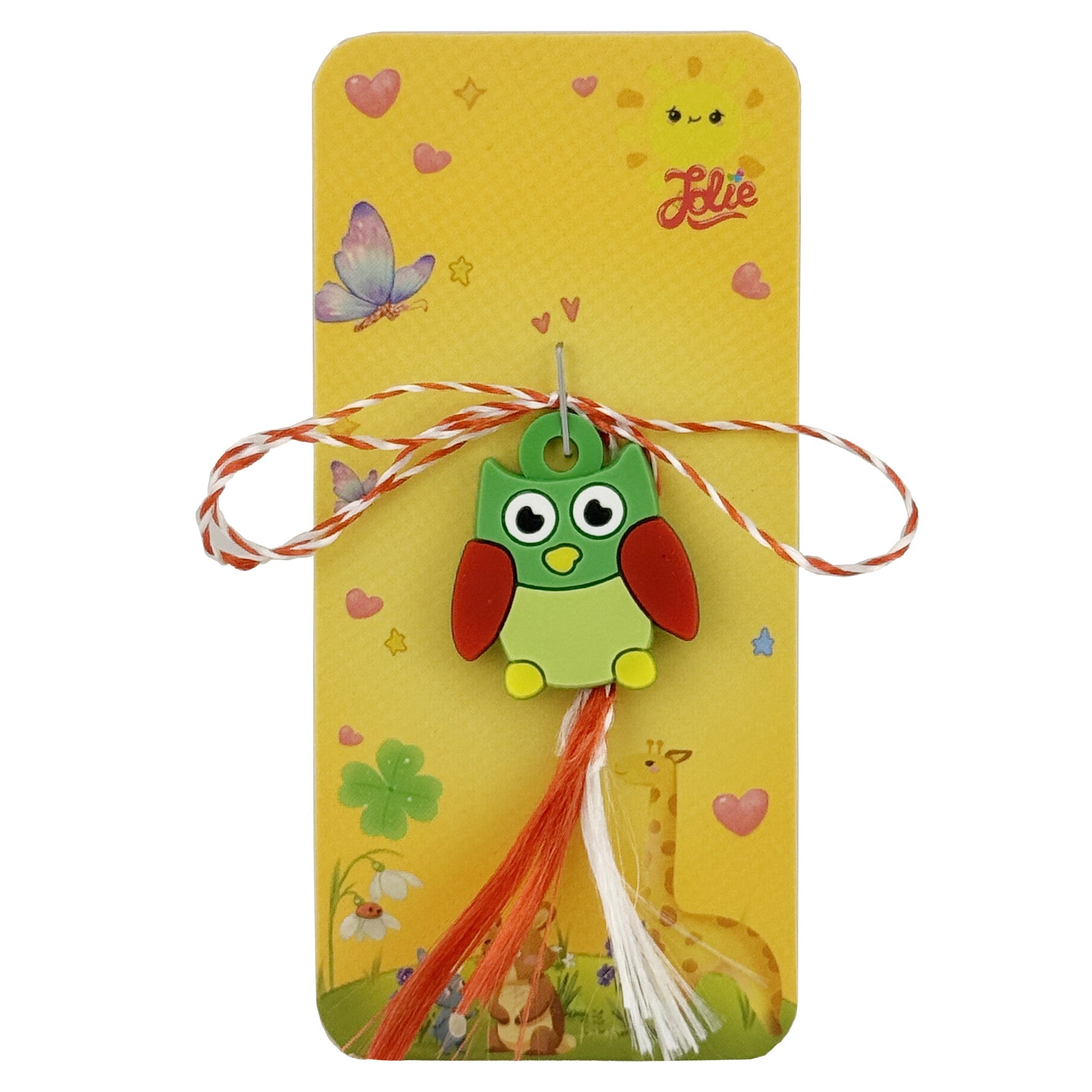 Martisor pentru Copii, Jolie, Model Bufnita, din Cauciuc, cu Snur Impletit Alb/Rosu, Ambalaj Carton cu Design, Verde