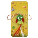 Martisor pentru Copii, Jolie, Model Bufnita, din Cauciuc, cu Snur Impletit Alb/Rosu, Ambalaj Carton cu Design, Verde