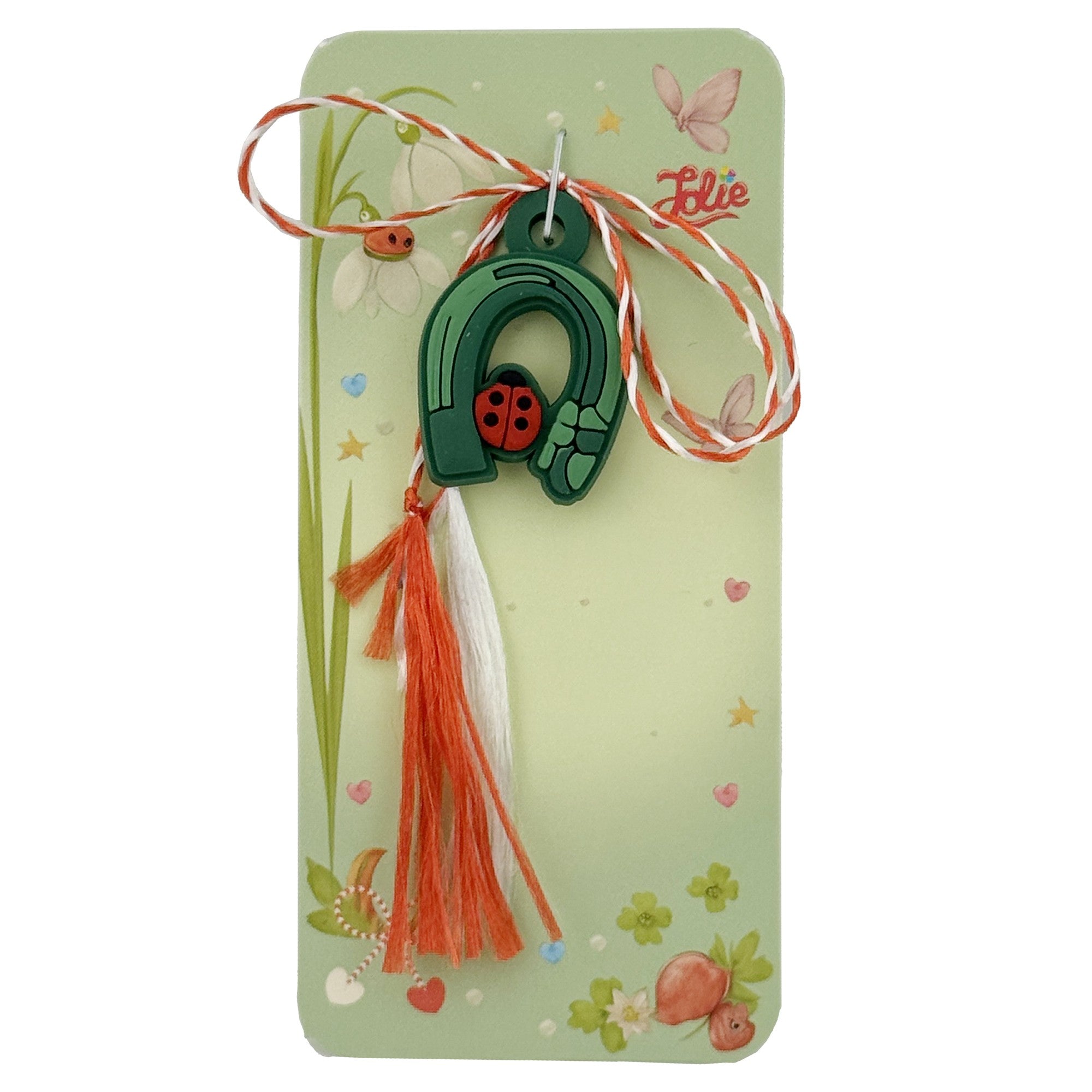 Martisor pentru Copii, Jolie, Model POTCOAVA cu BUBURUZA, din Cauciuc, cu Snur Impletit Alb/Rosu, Ambalaj Carton cu