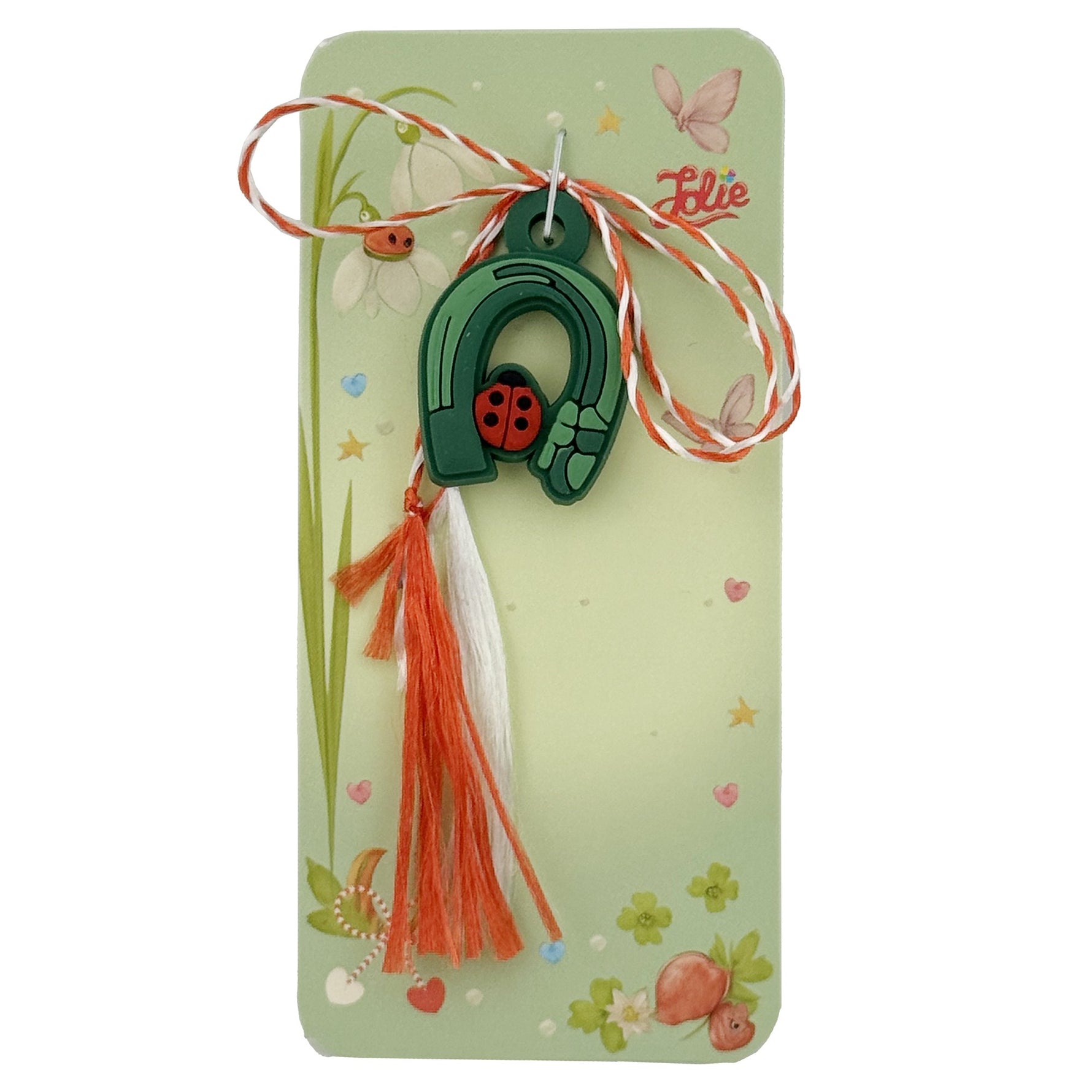 Martisor pentru Copii, Jolie, Model POTCOAVA cu BUBURUZA, din Cauciuc, cu Snur Impletit Alb/Rosu, Ambalaj Carton cu