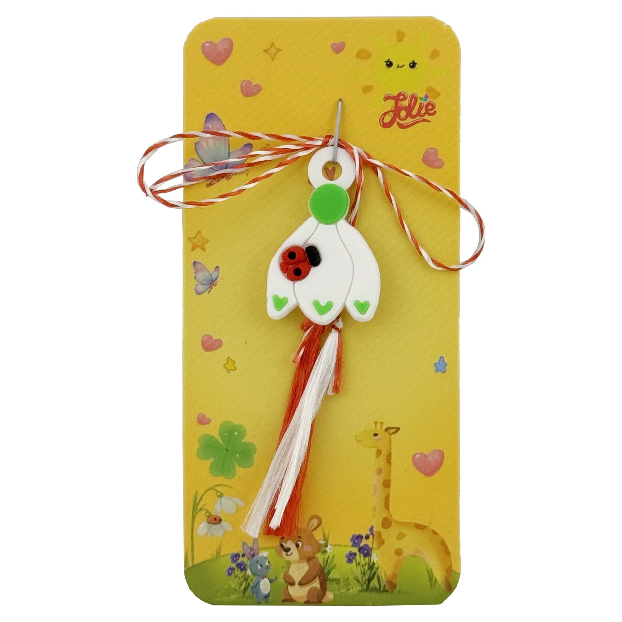 Martisor pentru Copii, Jolie, Model GHIOCEL cu BUBURUZA, din Cauciuc, cu Snur Impletit Alb/Rosu, Ambalaj Carton cu