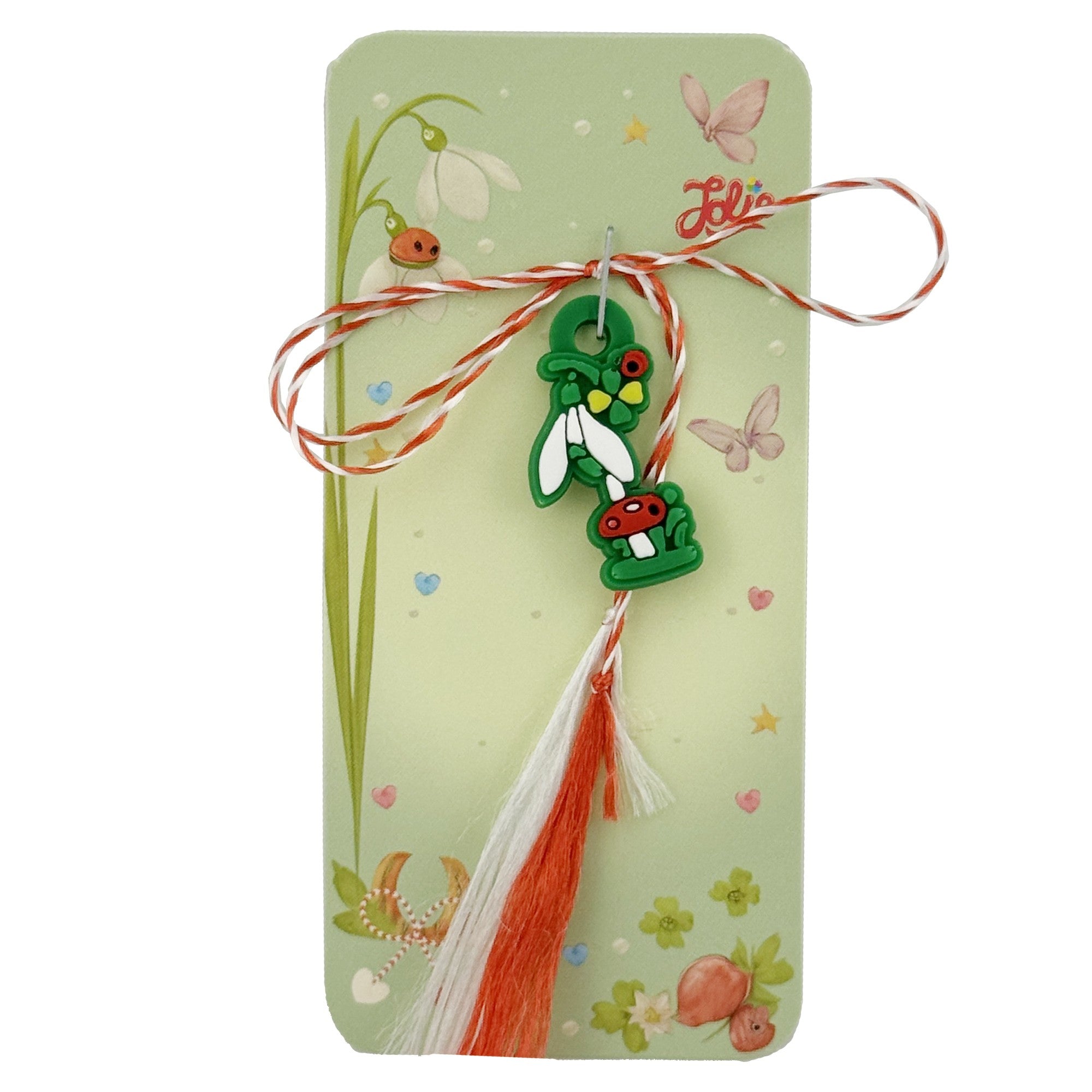 Martisor pentru Copii, Jolie, Model GHIOCEL cu TRIFOI, din Cauciuc, cu Snur Impletit Alb/Rosu, Ambalaj Carton cu
