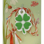 Martisor pentru Copii, Jolie, Model TRIFOI, din Cauciuc, cu Snur Impletit Alb/Rosu, Ambalaj Carton cu Design, Alb/Verde