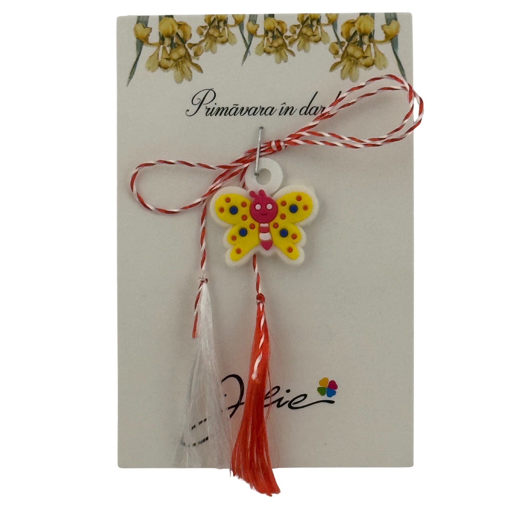 Martisor pentru Copii, Jolie, Material Cauciuc, Ambalaj Carton cu Design, Multicolor, Model Fluturas