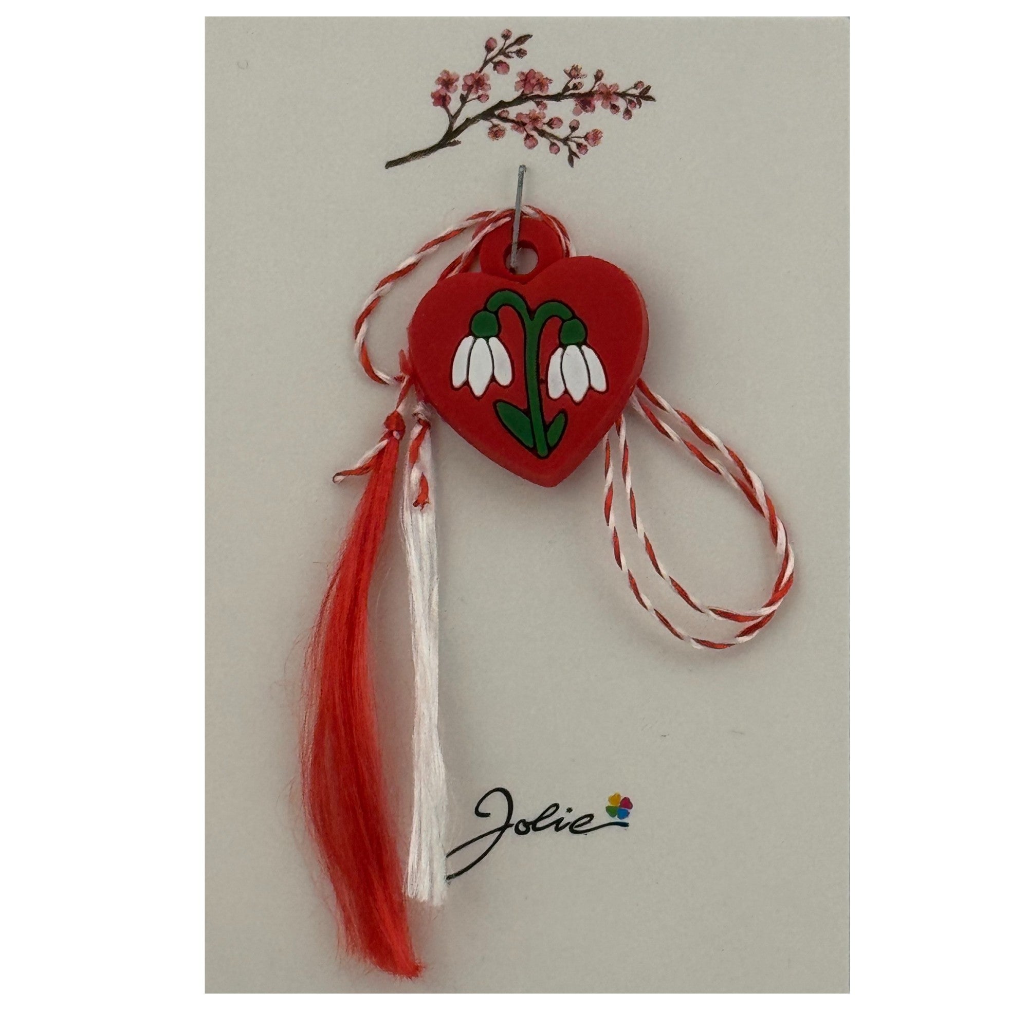 Martisor pentru Copii, Jolie, Material Cauciuc, Ambalaj Carton cu Design, Multicolor, Model Inima si Ghiocel