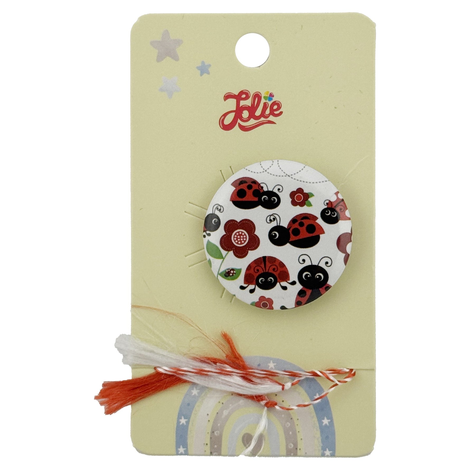 Martisor cu Brosa pentru copii, Jolie, Material Metal, Ambalaj Carton cu Design, Model Buburuze, Alb