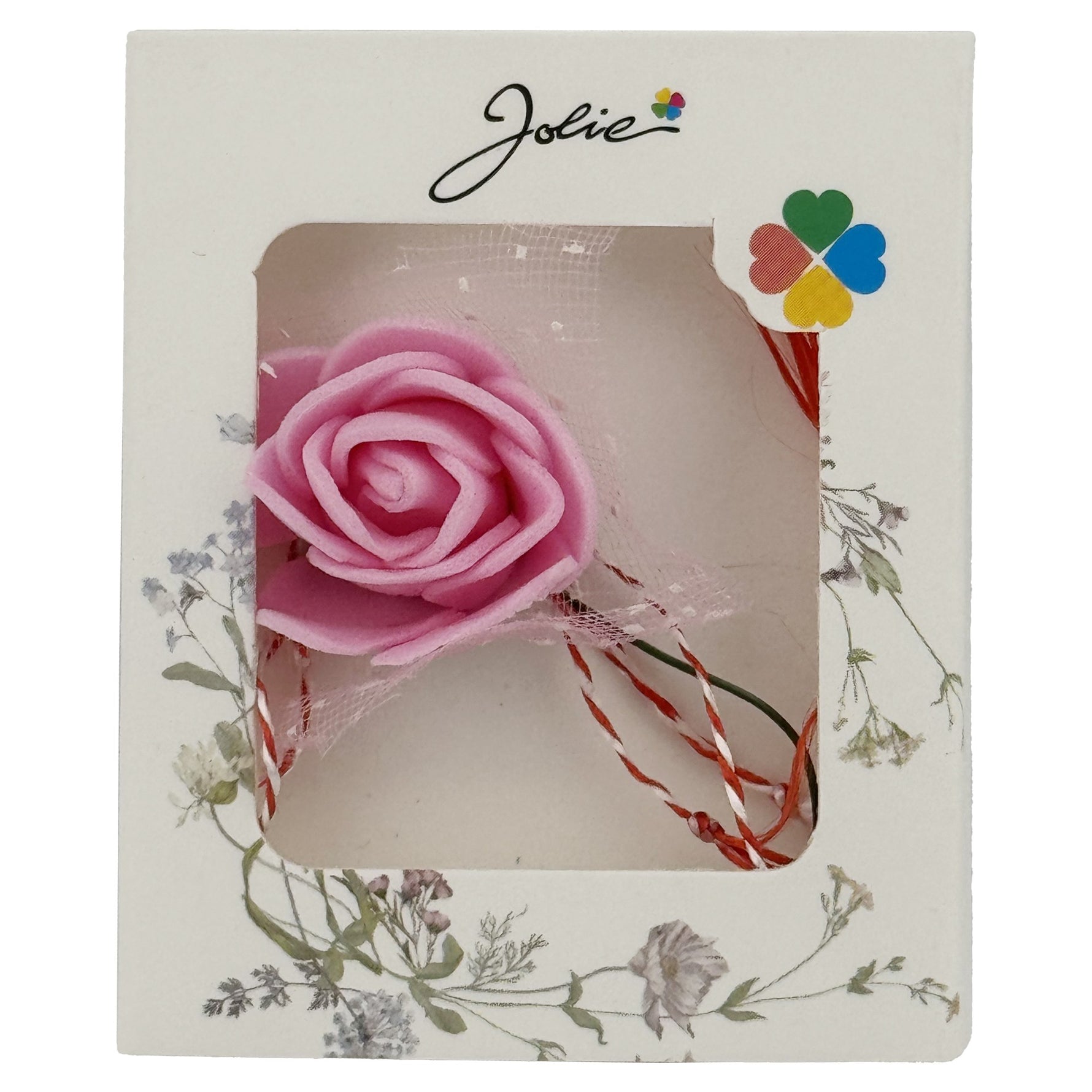Martisor Motiv Floral, Jolie, Model Trandafir, cu Snur Alb/Rosu, 9 x 5 cm, Roz