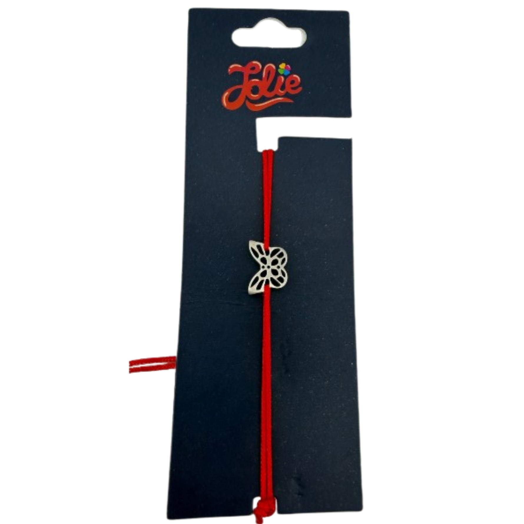Martisor Bratara din Inox pentru Copii, Jolie, Textil si Inox, Snur Rosu, Model Fluture Plin, Argintiu