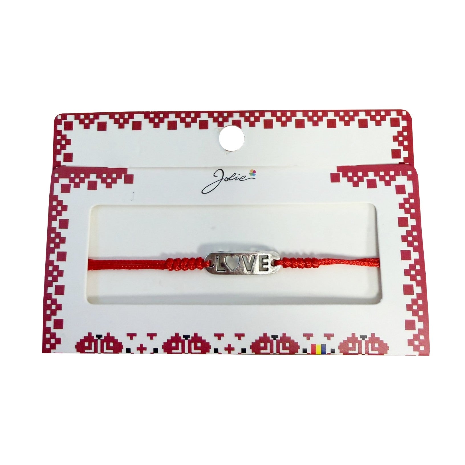 Martisor tip Bratara cu Pandantiv Metalic, Jolie, cu Snur Textil Rosu Impletit, Model Love, Dimensiune Reglabila,