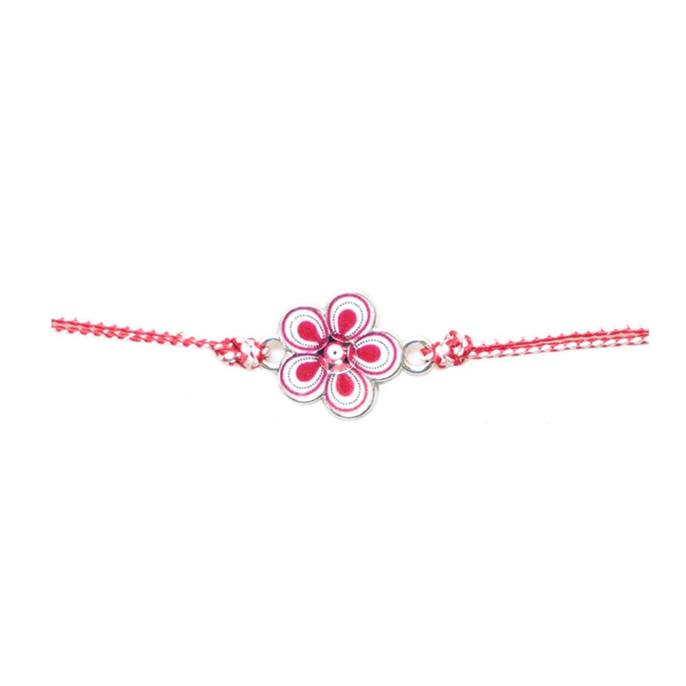 Martisor tip Bratara Traditionala cu Pandantiv, Jolie, Model Floare, Snur Impletit Alb/Rosu, Dimensiune Pandativ Aprox
