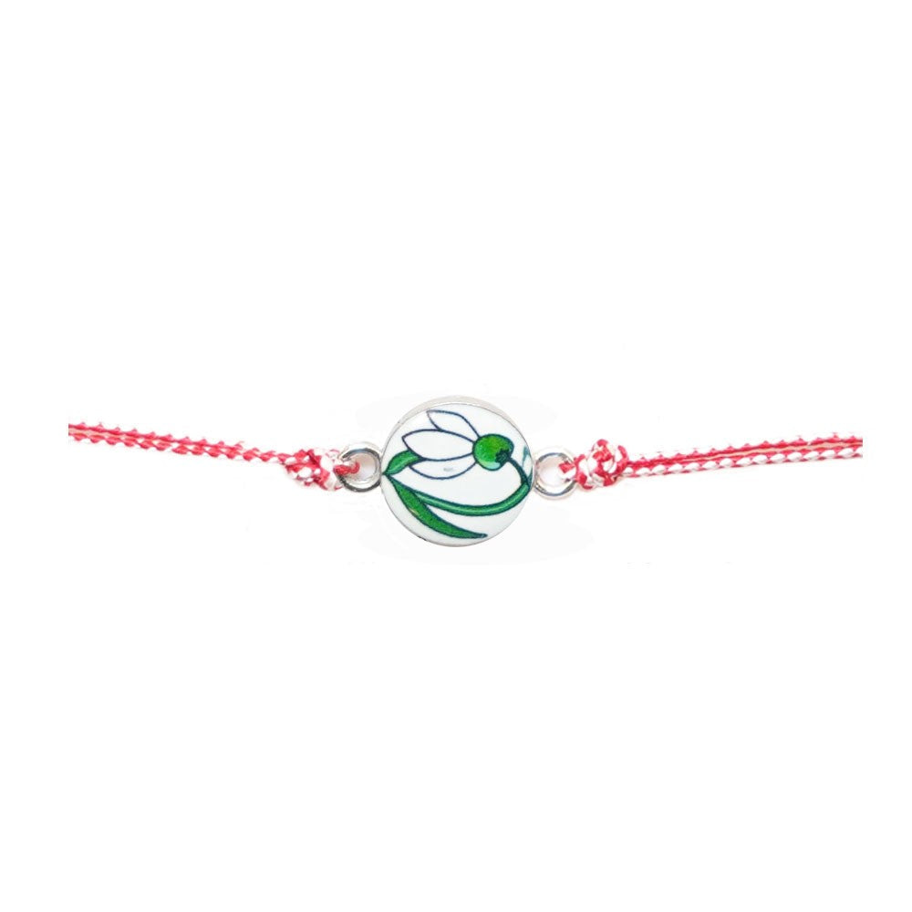 Martisor tip Bratara Traditionala cu Pandantiv, Jolie, Model Ghiocel, Snur Impletit Alb/Rosu, Dimensiune Pandativ Aprox