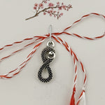 Martisor Traditional, Jolie, Model Infinit, cu Snur Impletit Alb/Rosu, 8.5 x 5.5 cm. Argintiu