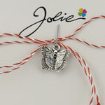 Martisor Traditional, Jolie, Model FLUTURE, cu Snur Impletit Alb/Rosu, 8.5 x 5.5 cm, Argintiu