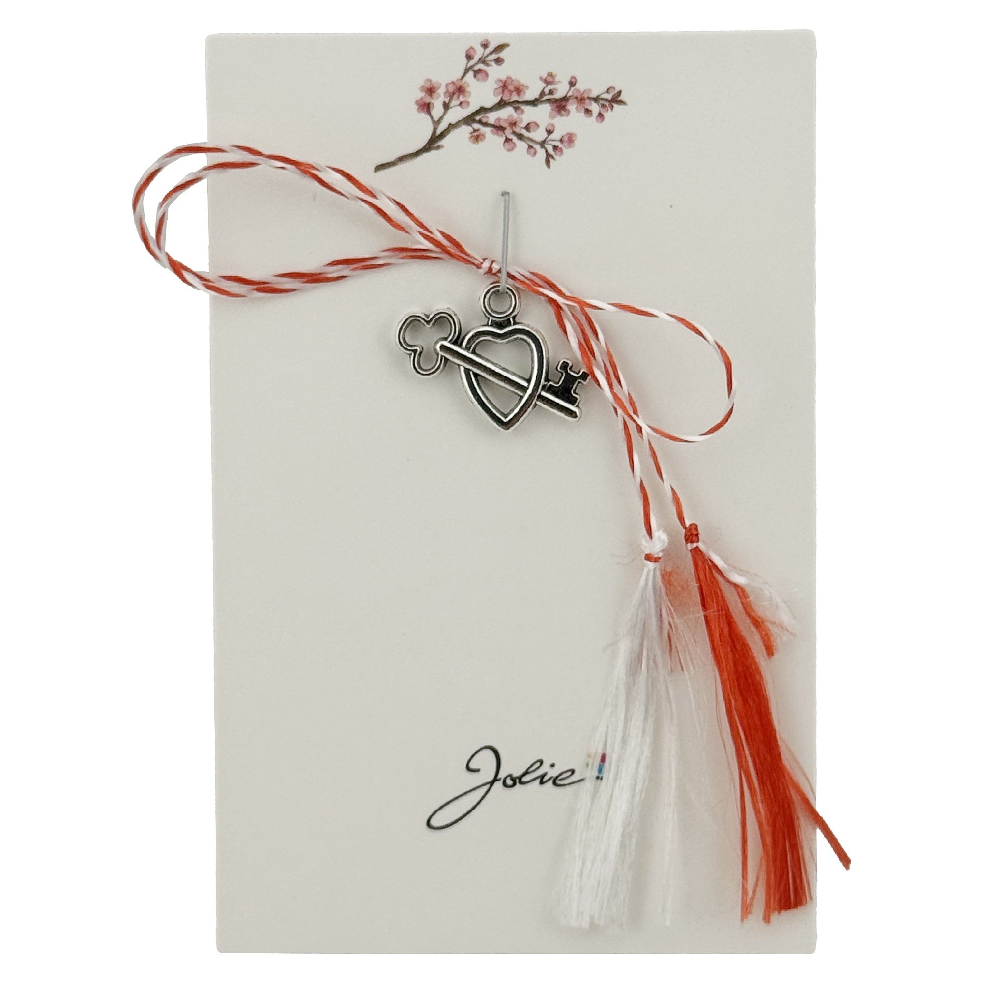 Martisor Traditional, Jolie, Model INIMA cu CHEIE, cu Snur Impletit Alb/Rosu, 8.5 x 5.5 cm, Argintiu