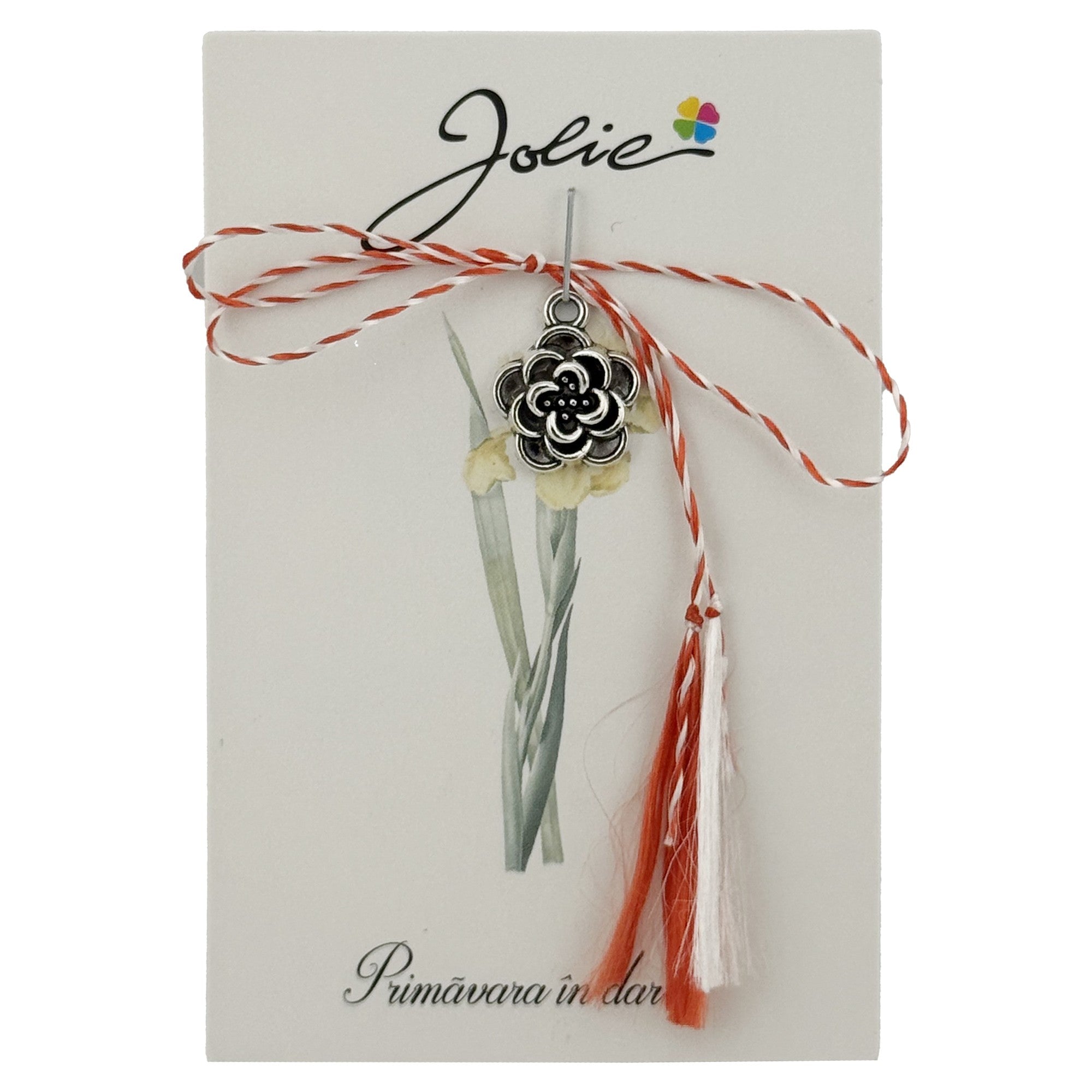 Martisor Traditional, Jolie, Model TRANDAFIR, cu Snur Impletit Alb/Rosu, 8.5 x 5.5 cm, Argintiu