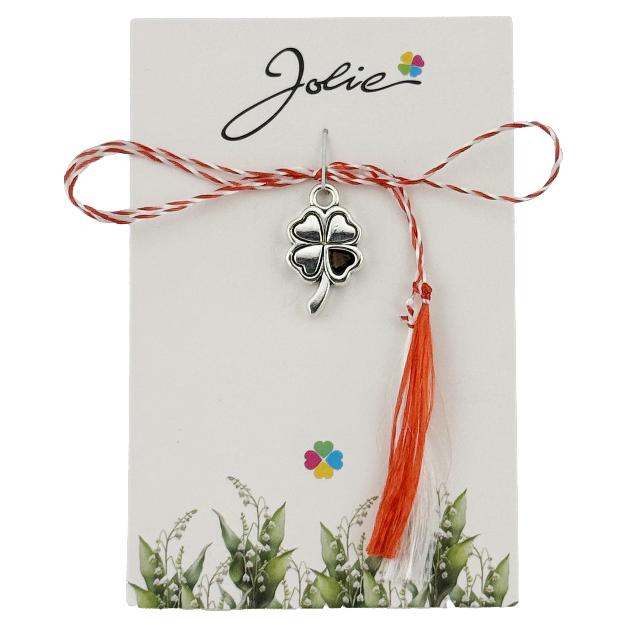 Martisor Traditional, Jolie, Model TRIFOI, cu Snur Impletit Alb/Rosu, 8.5 x 5.5 cm. Argintiu