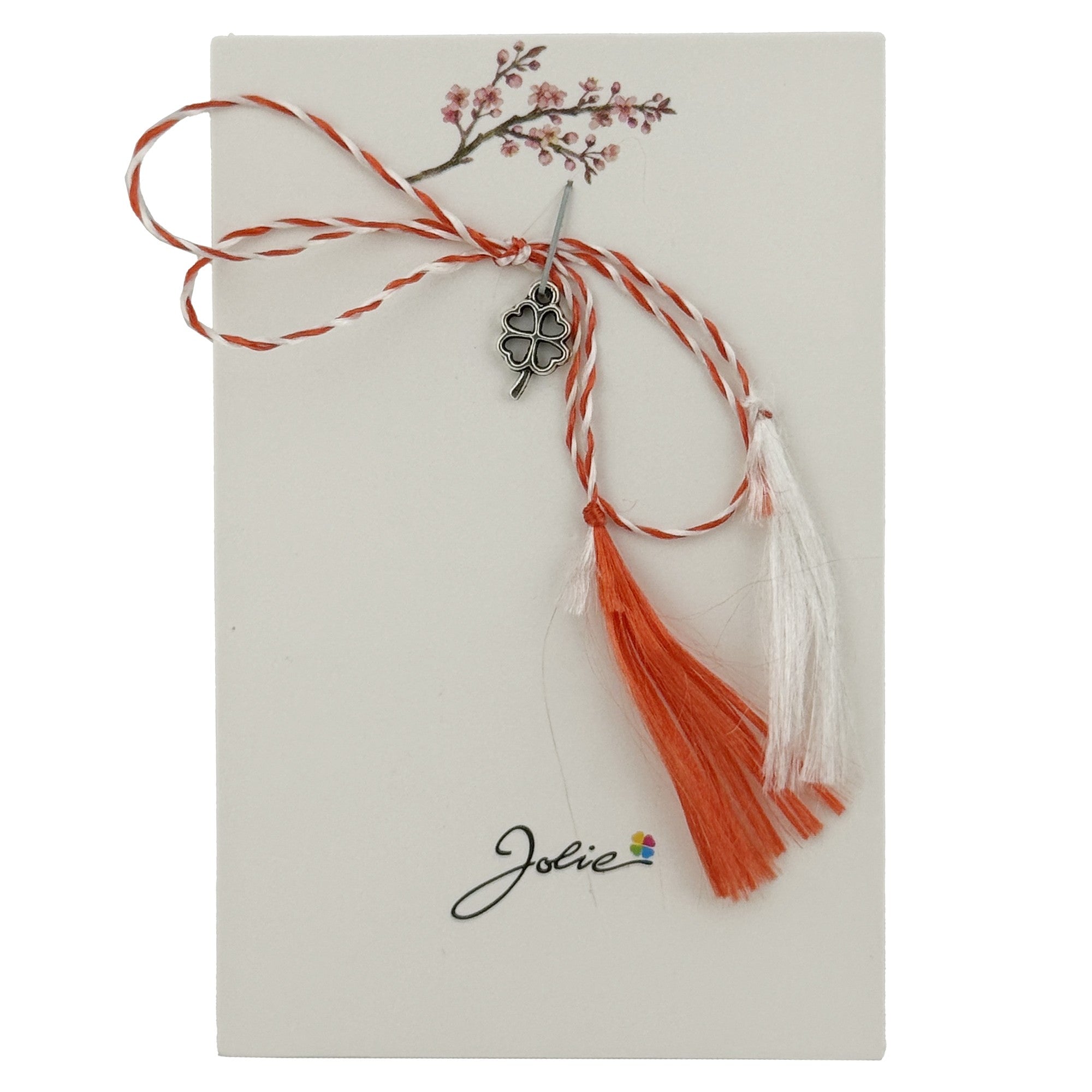 Martisor Traditional, Jolie, Model TRIFOI 3, cu Snur Impletit Alb/Rosu, 8.5 x 5.5 cm, Argintiu