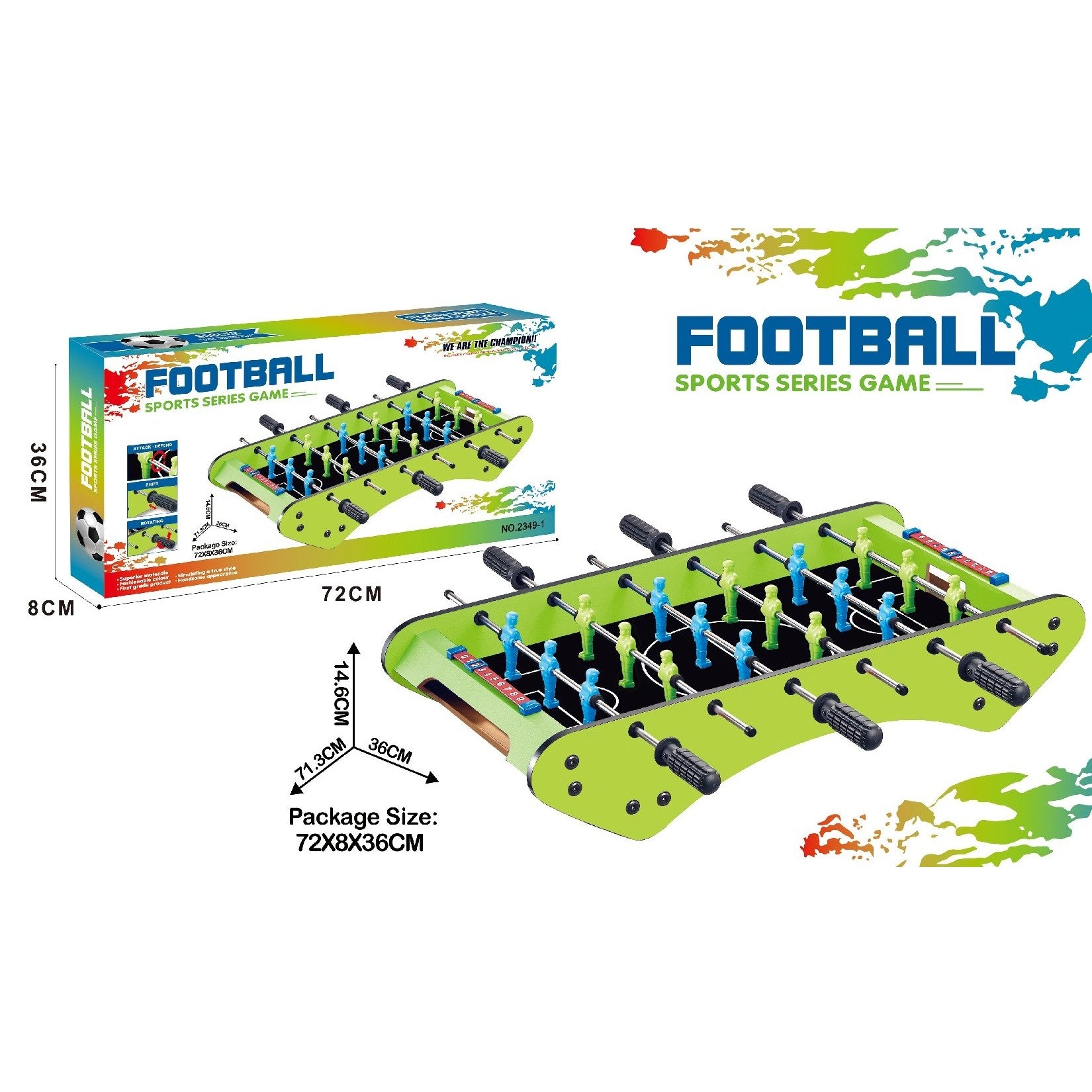 Masa de Fotbal cu Teren, Flippy, fara Picioare, 6 Manere, Tablou de Scor, 71.3 x 10 x 36 cm, din Lemn/Otel/Metal, Verde