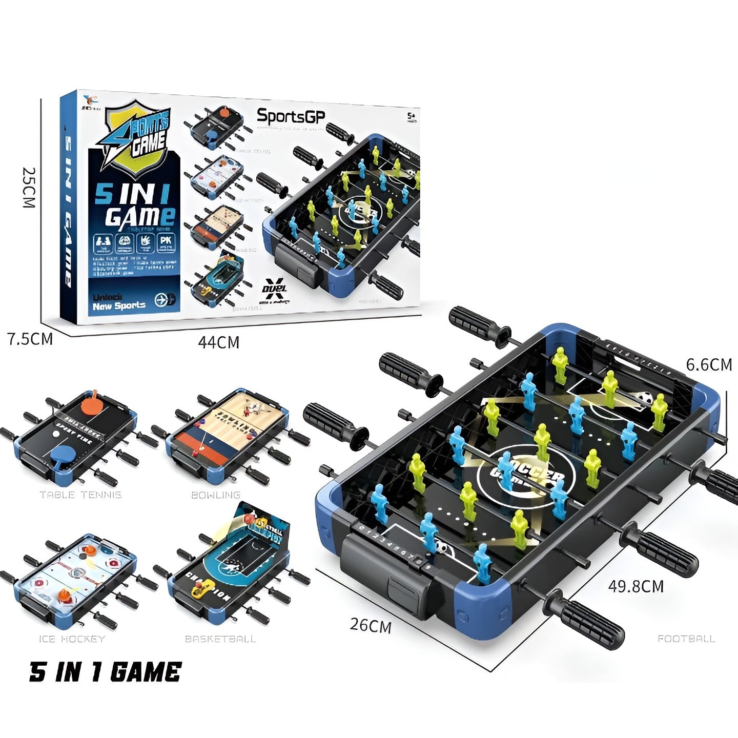 Masa de Joc 5in1 Flippy, cu Teren Schimbabil de Fotbal, Basket, Bowling, Curling si Hockey, cu Tablou Scor, din ABS,