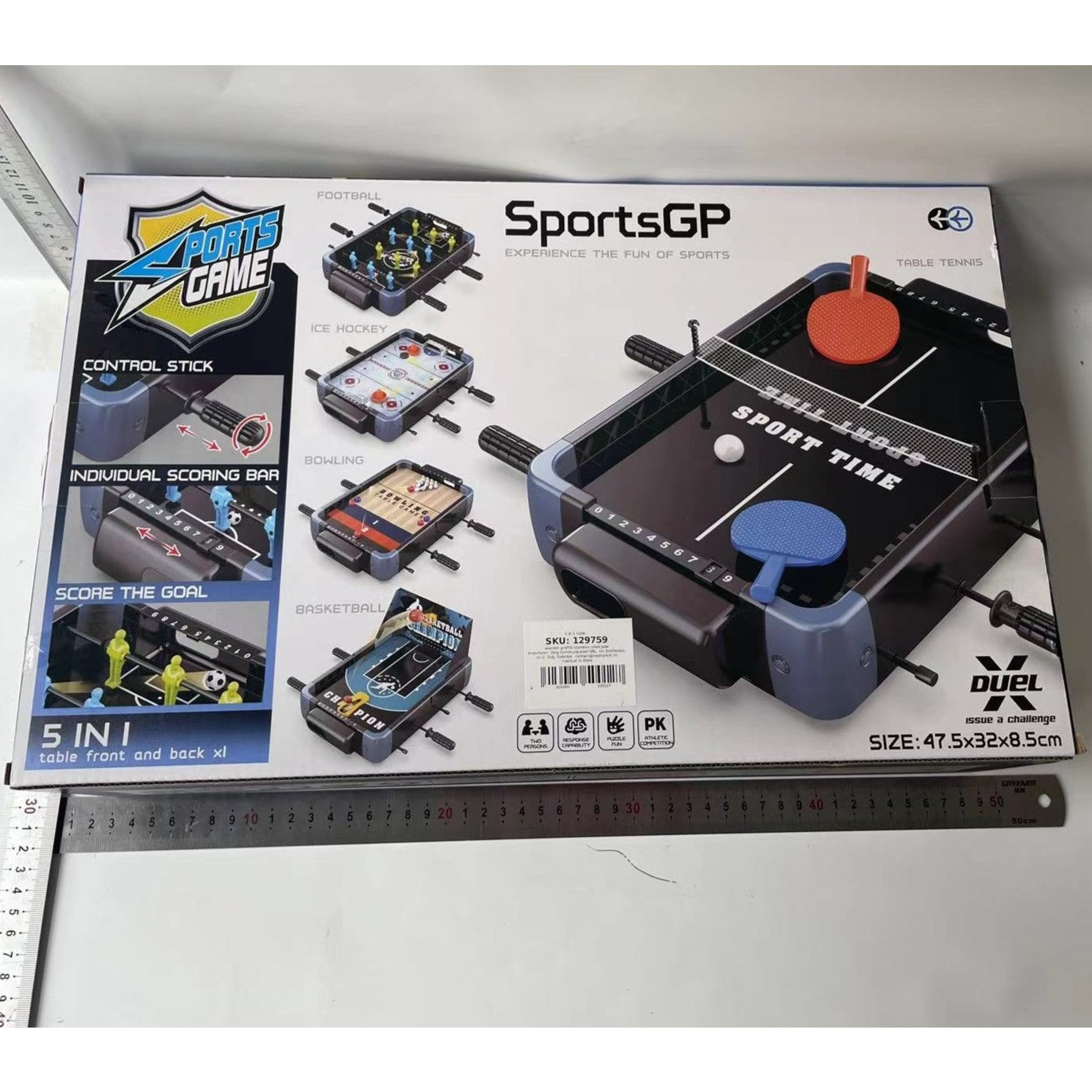 Masa de Joc 5in1 Flippy, cu Teren Schimbabil de Fotbal, Basket, Bowling, Curling si Hockey, cu Tablou Scor, din ABS,