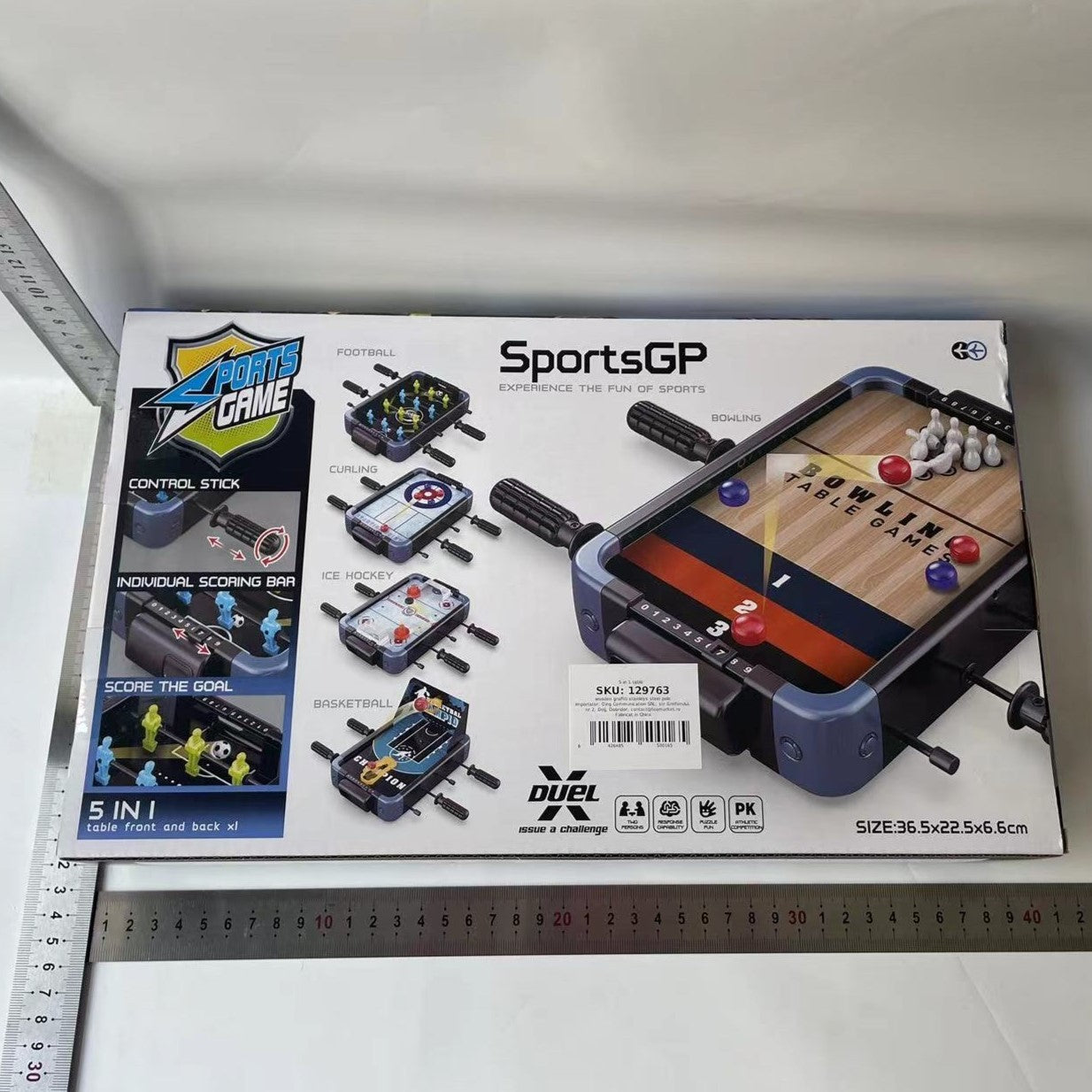 Masa de Joc 5in1 Flippy, cu Teren Schimbabil de Fotbal, Basket, Bowling, Curling si Hockey, cu Tablou Scor, din ABS,